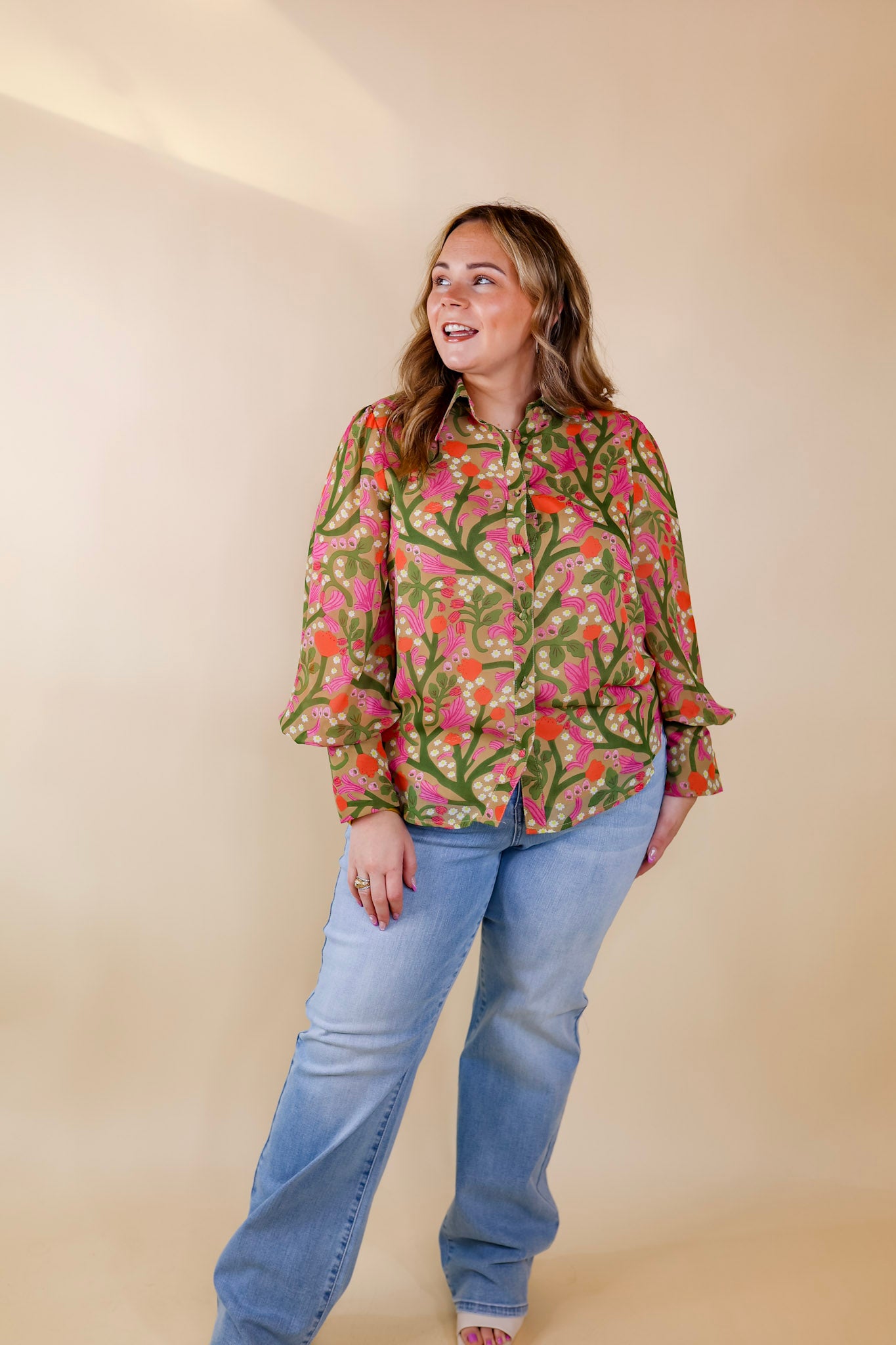 Upbeat Feels Floral Button Up Top with Long Sleeves in Green Mix - Giddy Up Glamour Boutique