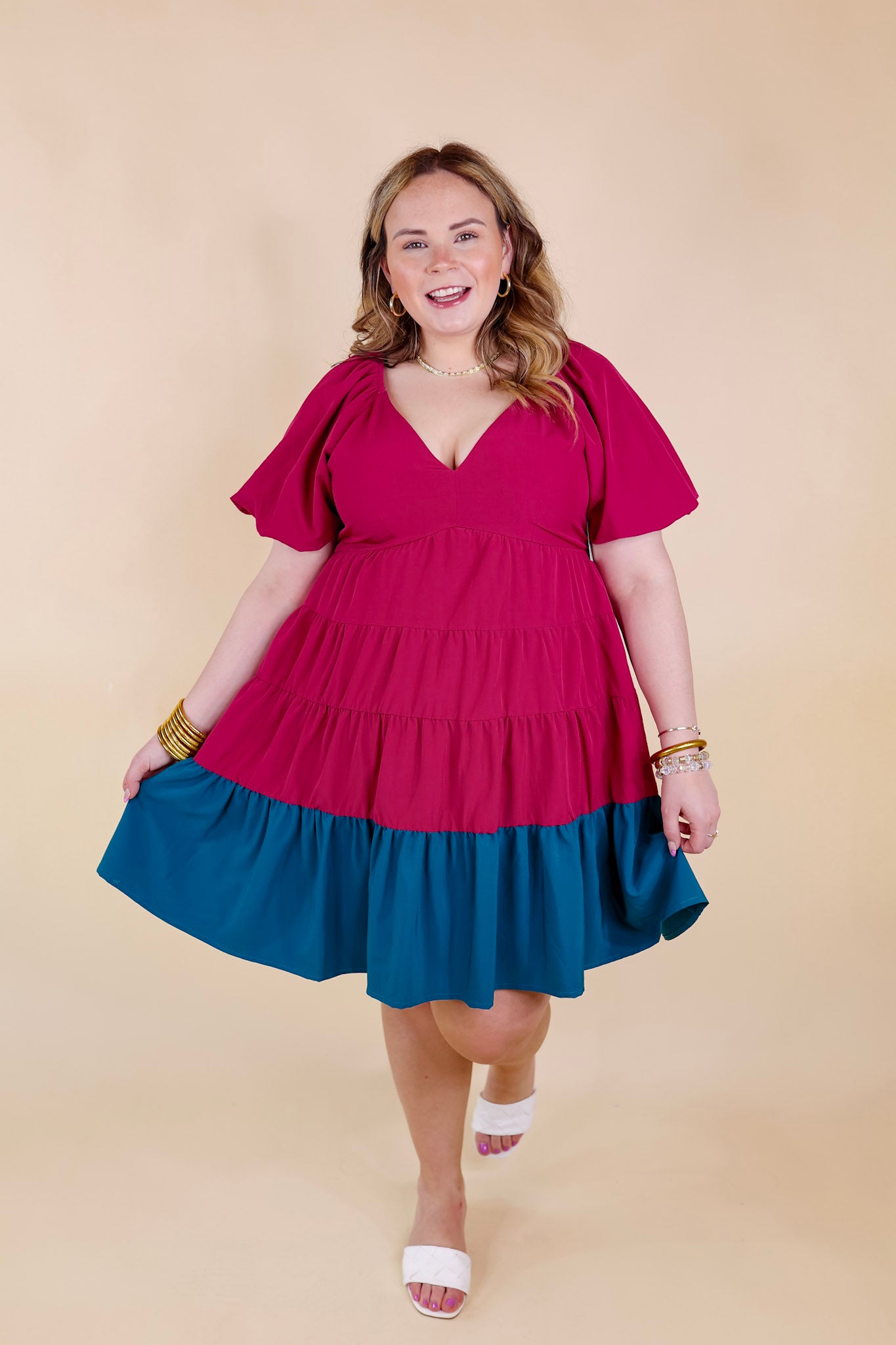 Trendy City Puff Sleeve Tiered Dress with Teal Hemline in Magenta - Giddy Up Glamour Boutique