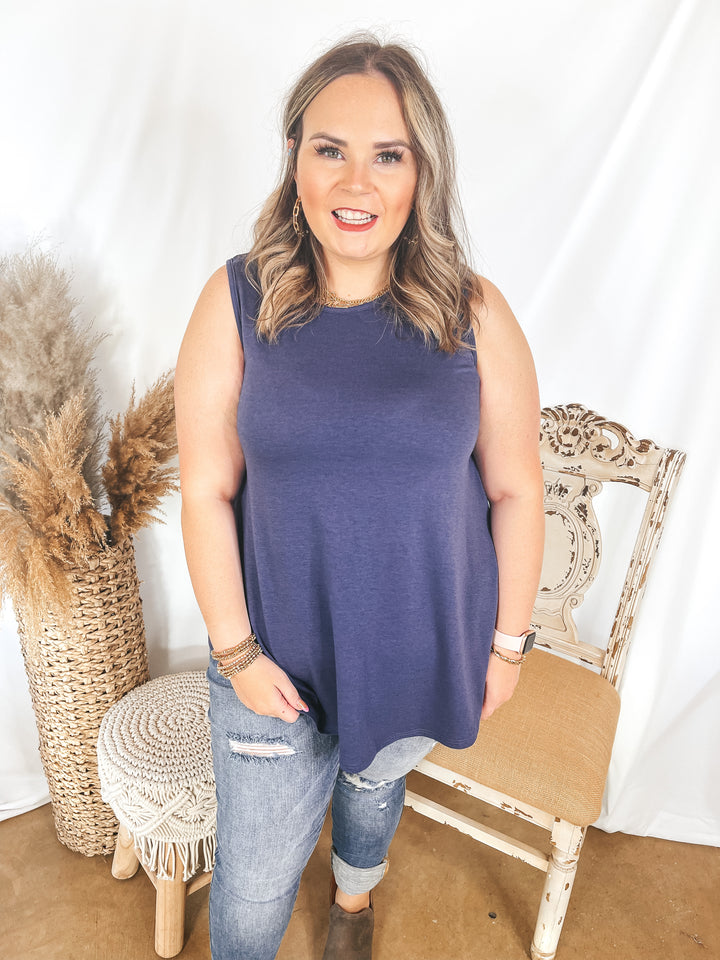 Give Me Joy Solid Knit A-Line Tank Top in Dusty Navy Blue - Giddy Up Glamour Boutique