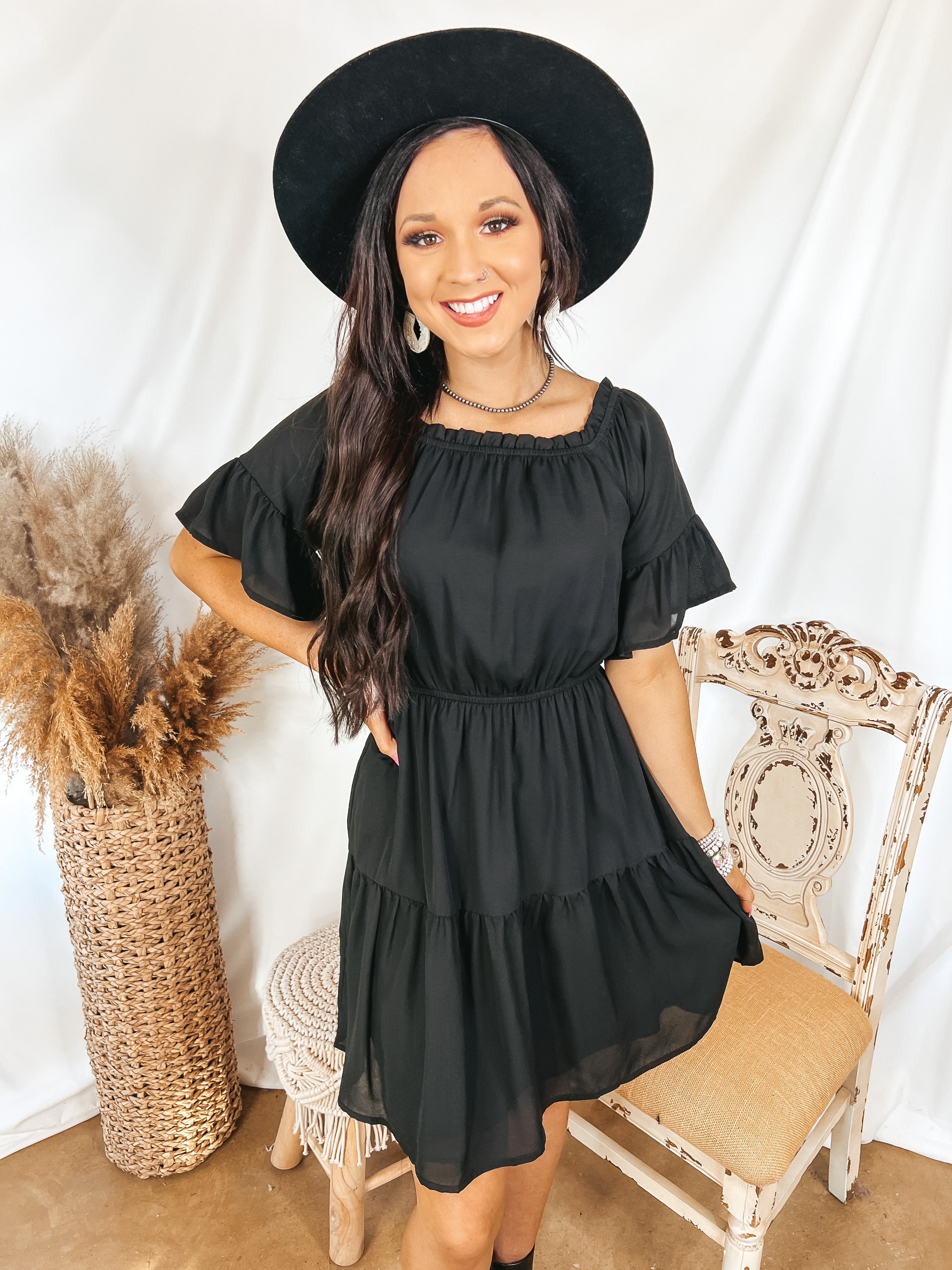 Visions of Romance Off the Shoulder Ruffle Tiered Dress in Black - Giddy Up Glamour Boutique