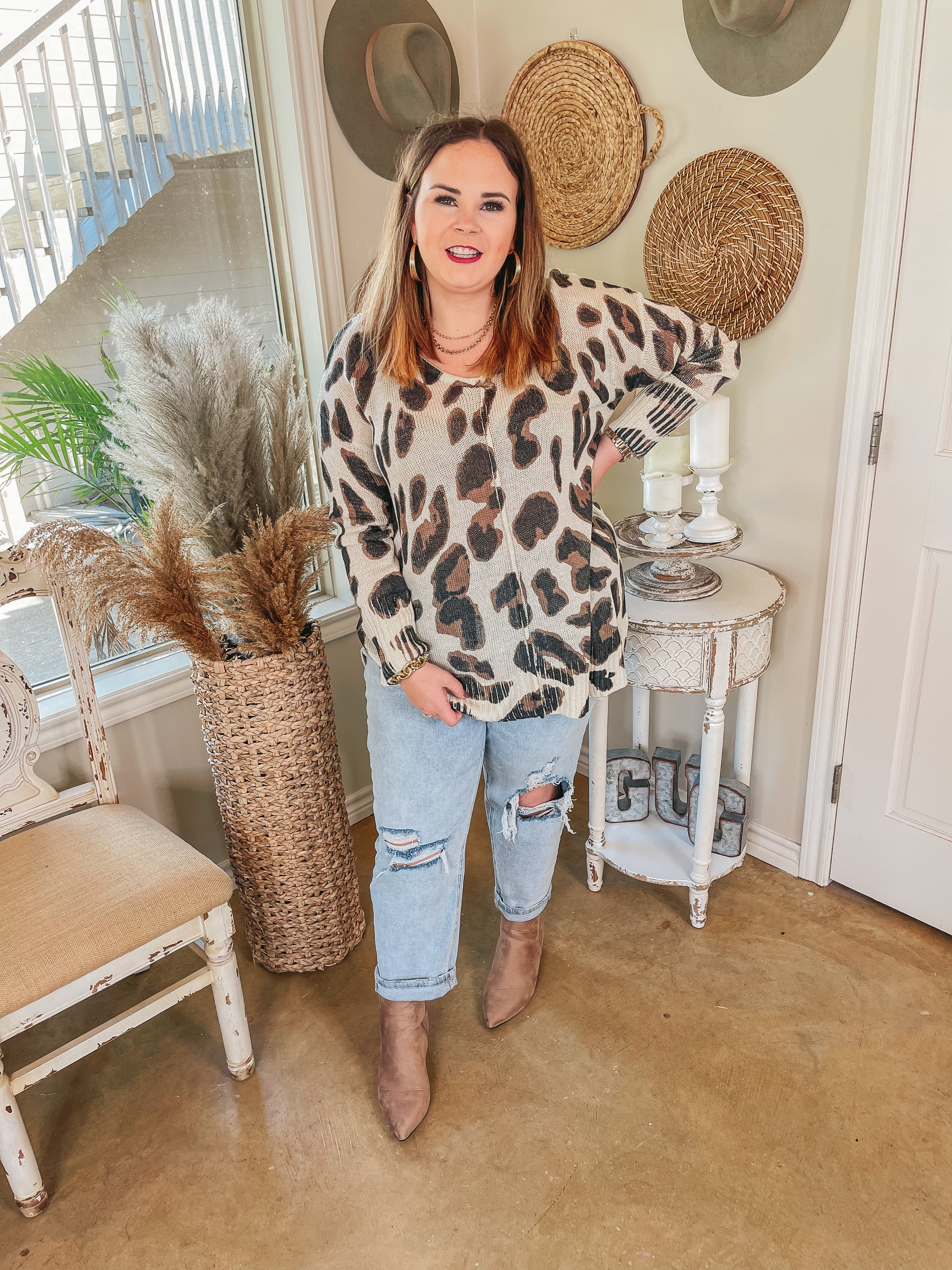 Keep Them Guessing Long Sleeve Leopard Print Sweater in Beige - Giddy Up Glamour Boutique