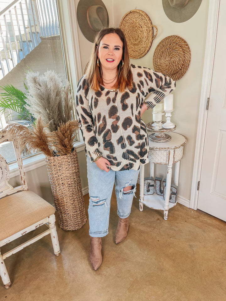 Keep Them Guessing Long Sleeve Leopard Print Sweater in Beige - Giddy Up Glamour Boutique