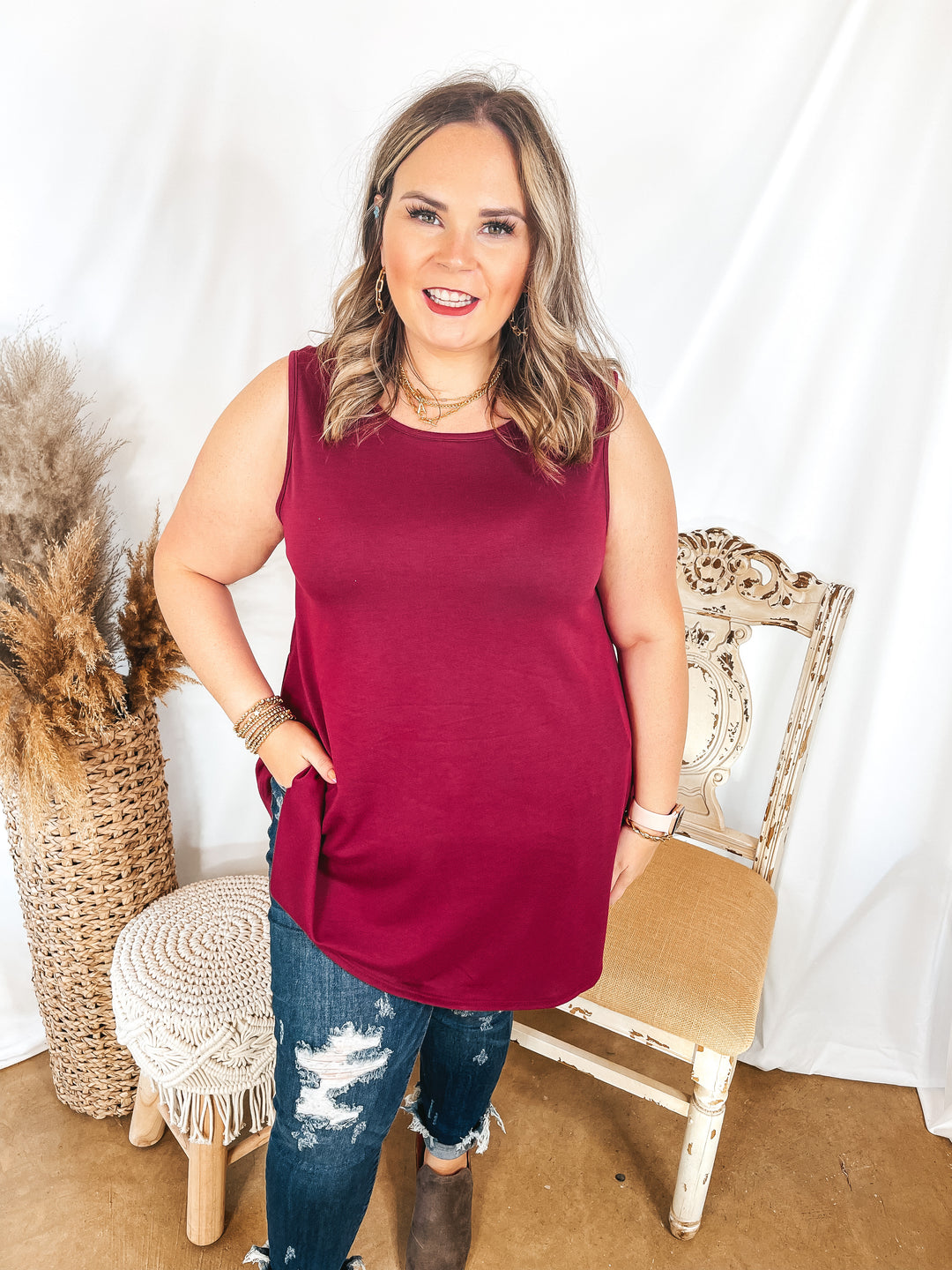 Give Me Joy Solid Knit A-Line Tank Top in Maroon - Giddy Up Glamour Boutique