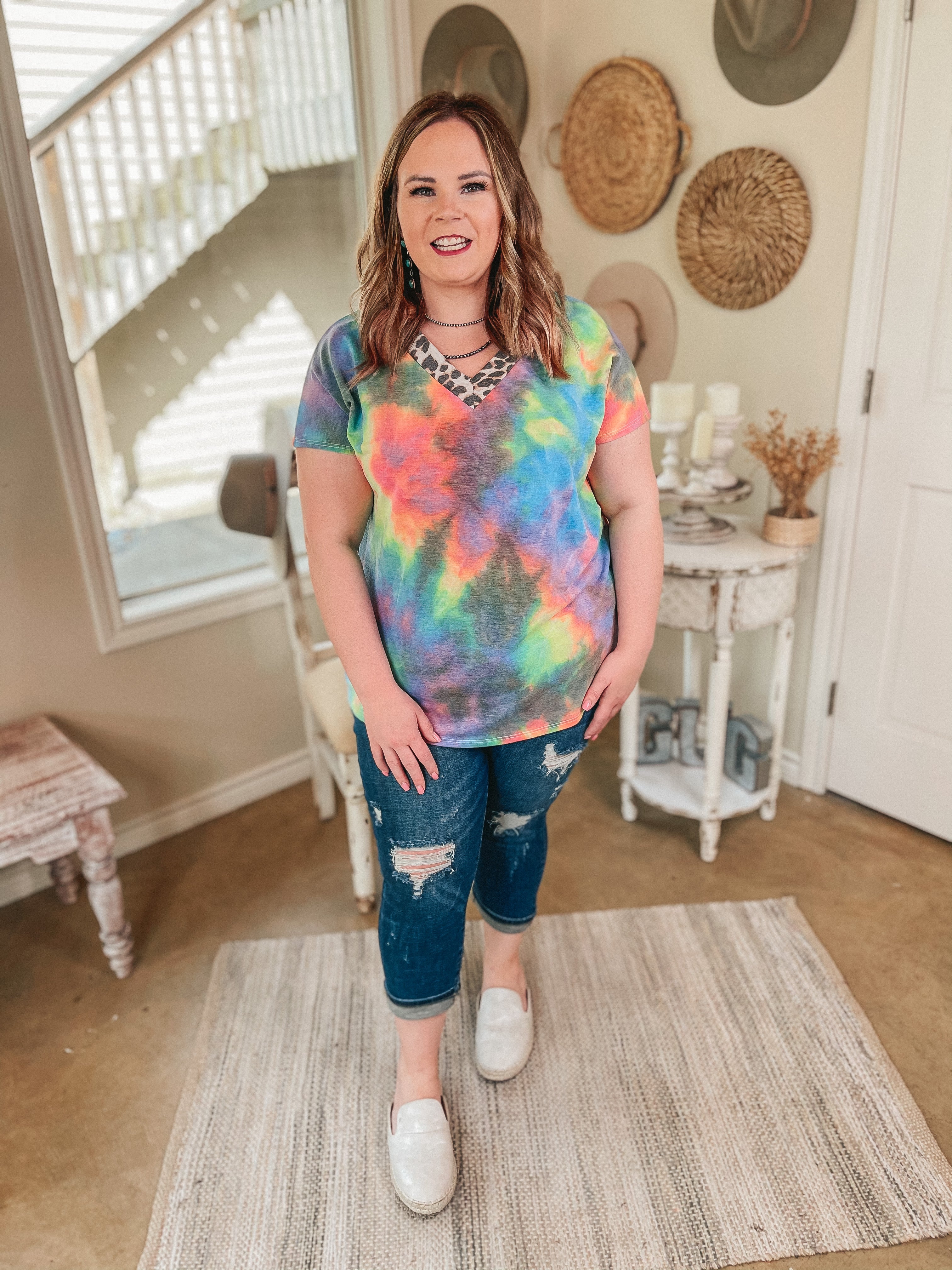 Levels of My Heart Leopard Trim V Neck Top in Multi Color Tie Dye - Giddy Up Glamour Boutique
