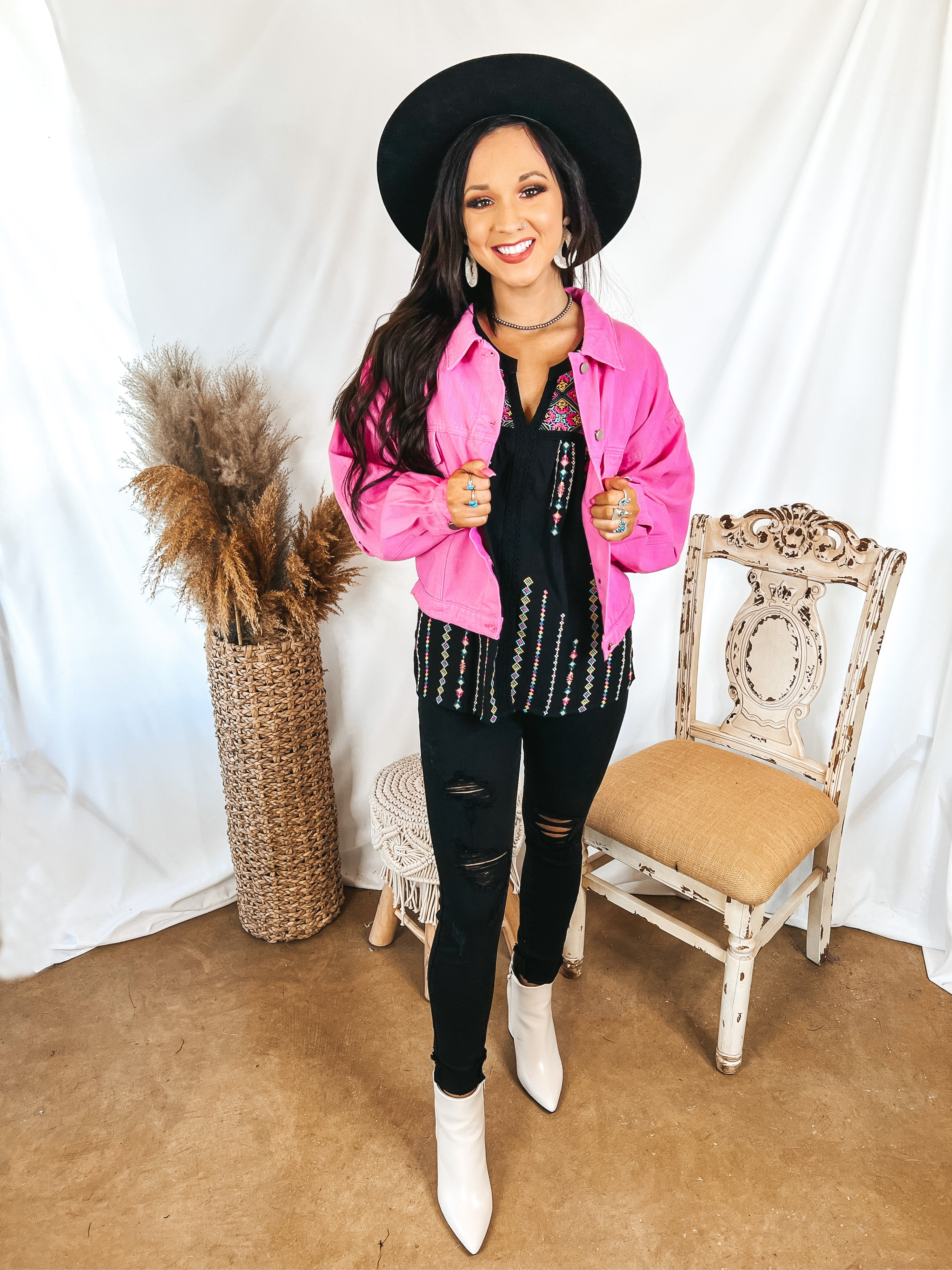 Very Confident Button Up Cropped Denim Jacket in Hot Pink - Giddy Up Glamour Boutique
