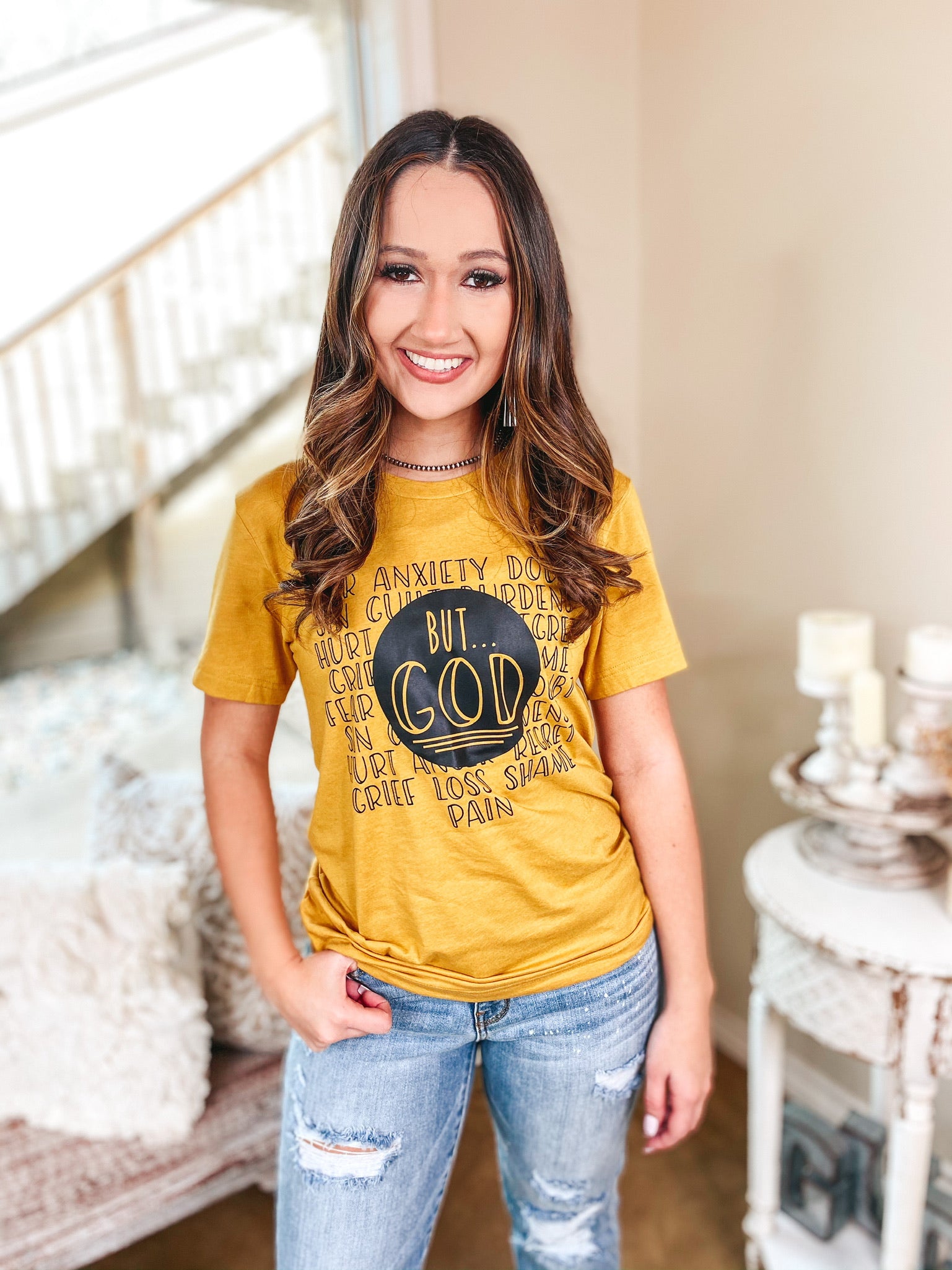 But God Short Sleeve Graphic Tee in Mustard Yellow - Giddy Up Glamour Boutique