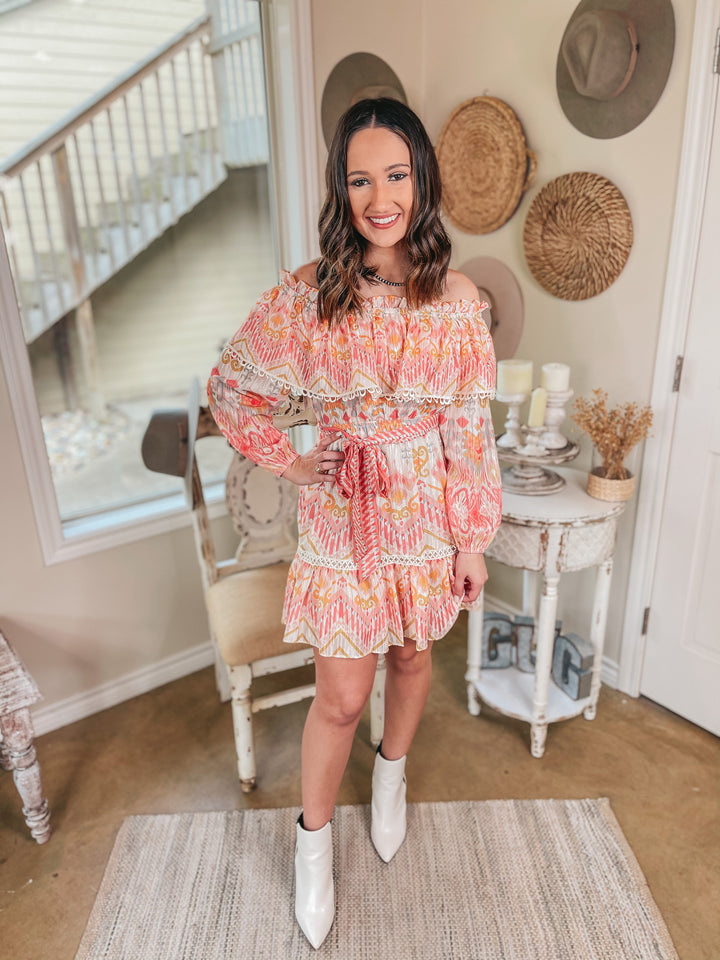 Lovely Afternoon Long Sleeve Off The Shoulder Sun Dress in Geometric Pink - Giddy Up Glamour Boutique