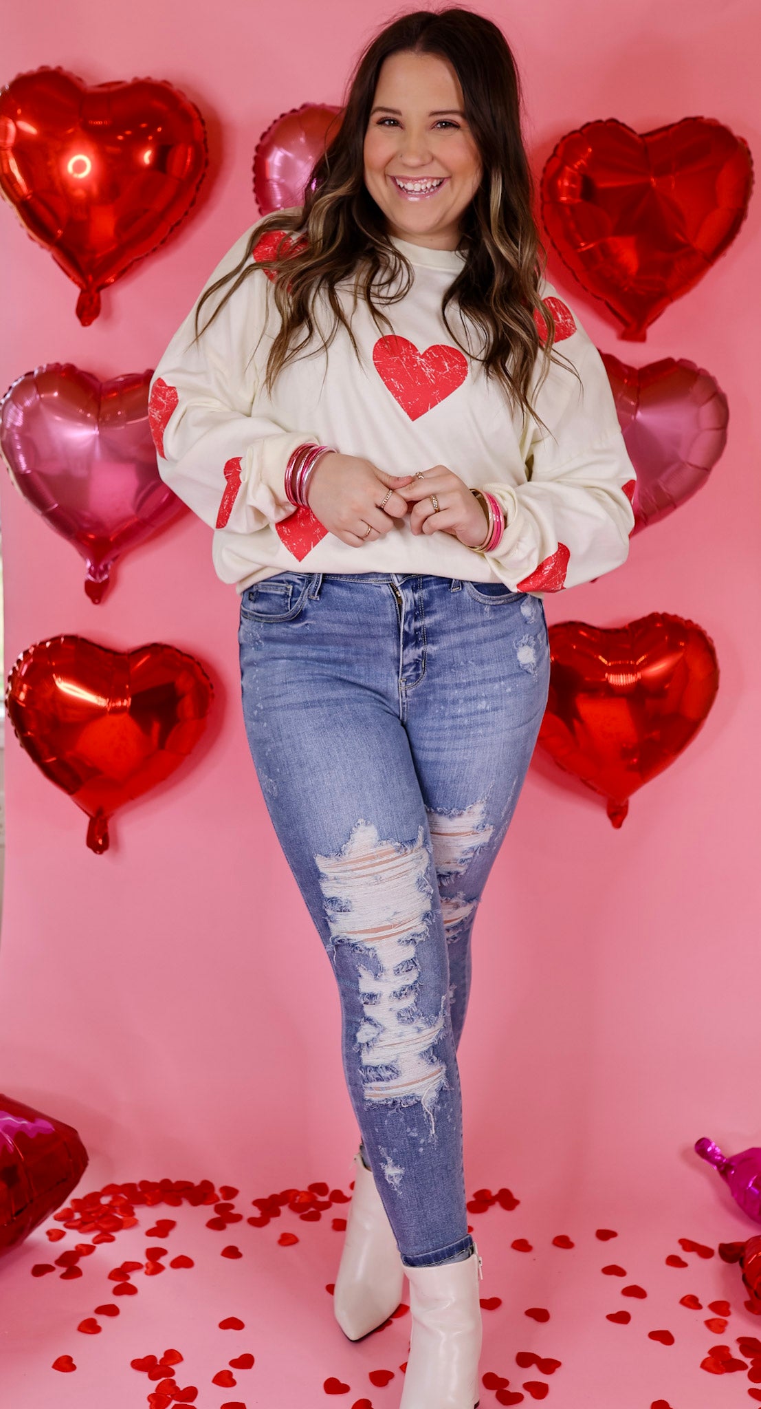 Hearts and Kisses Long Sleeve Pullover Sweatshirt with Distressed Hearts in Ivory - Giddy Up Glamour Boutique