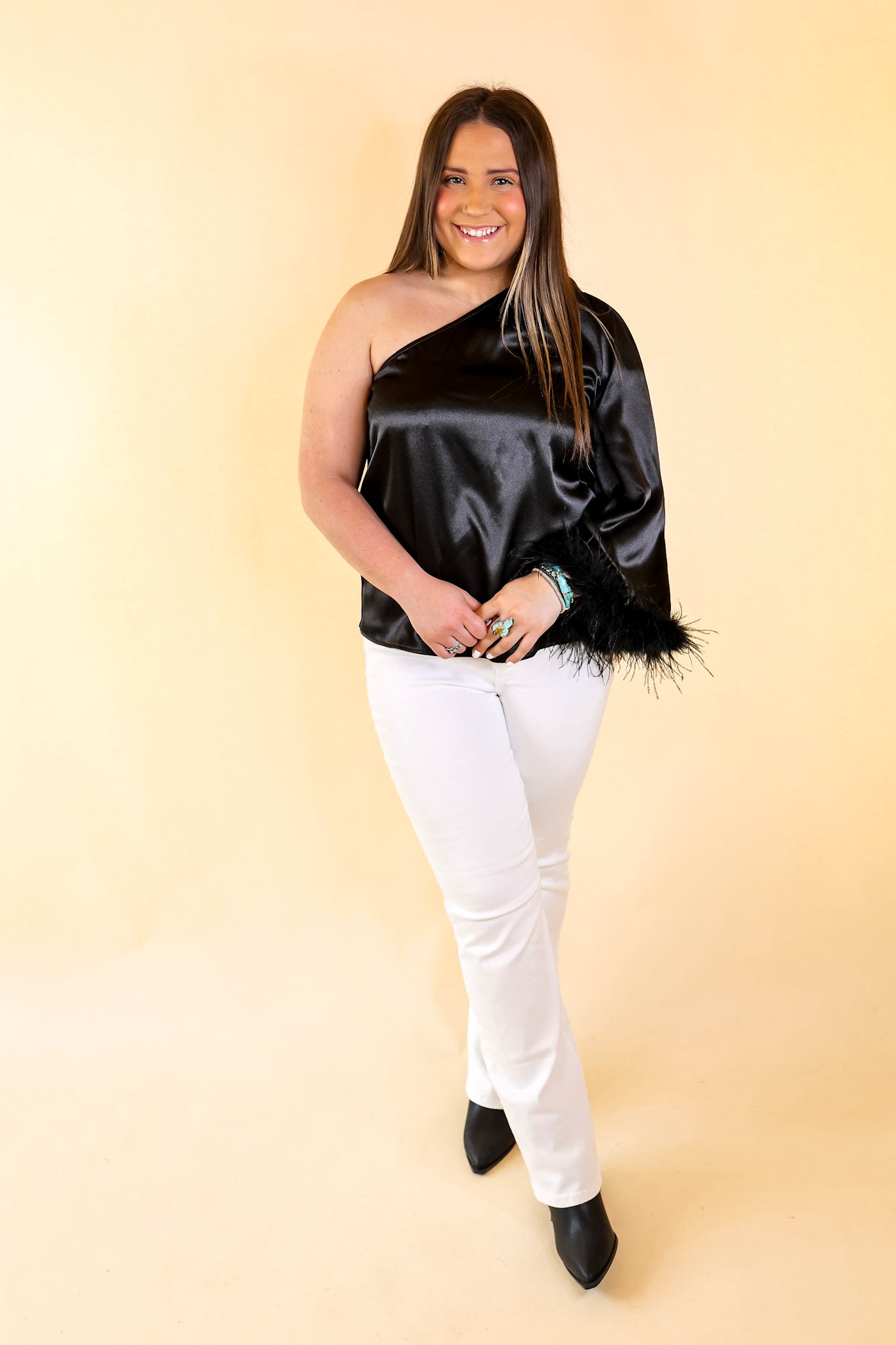 Full On Fashionista One Shoulder Satin Blouse with Feather Trim in Black - Giddy Up Glamour Boutique