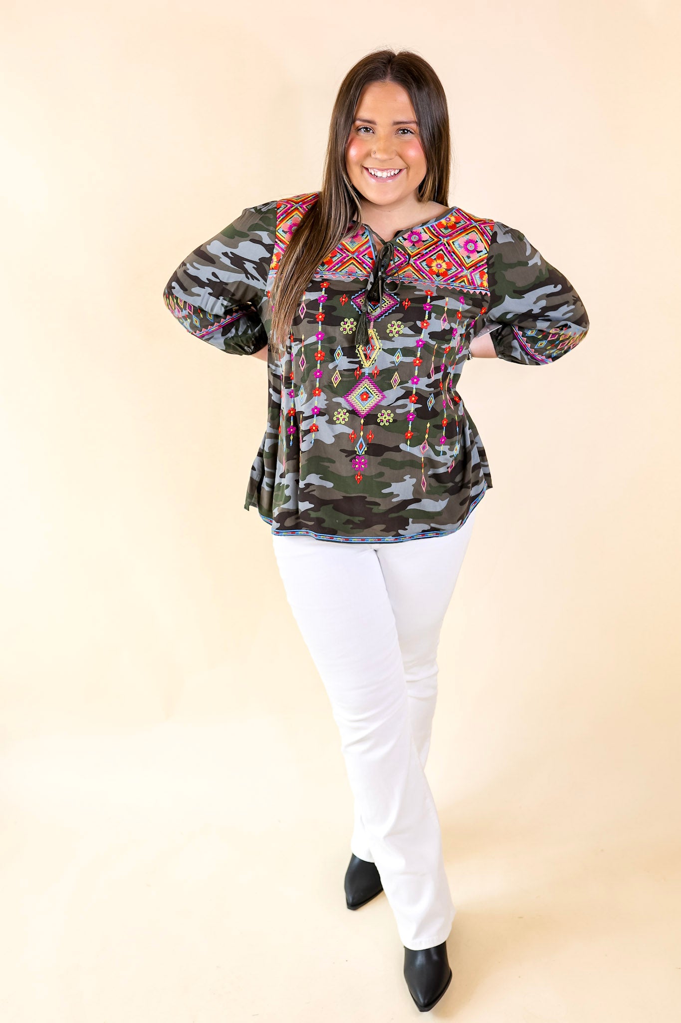 Last Chance Size Small & Med. | Nature Walk 3/4 Sleeve Embroidered Keyhole Top in Camouflage - Giddy Up Glamour Boutique