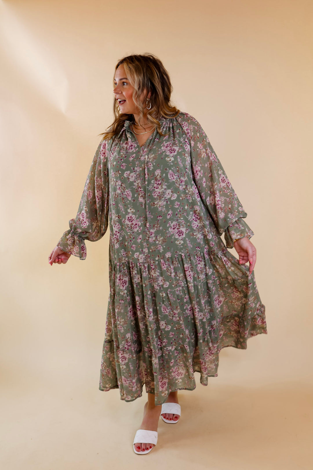 Tuscan Nights Long Sleeve High Neck Floral Midi Dress in Sage - Giddy Up Glamour Boutique