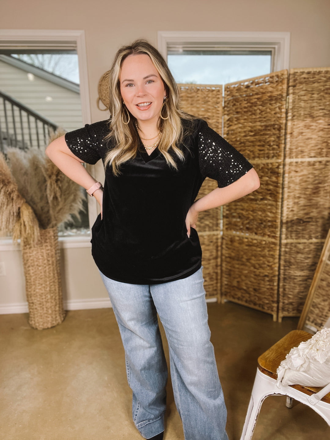 Chasing The Spotlight Velvet V Neck Top with Short Sequin Sleeves in Black - Giddy Up Glamour Boutique