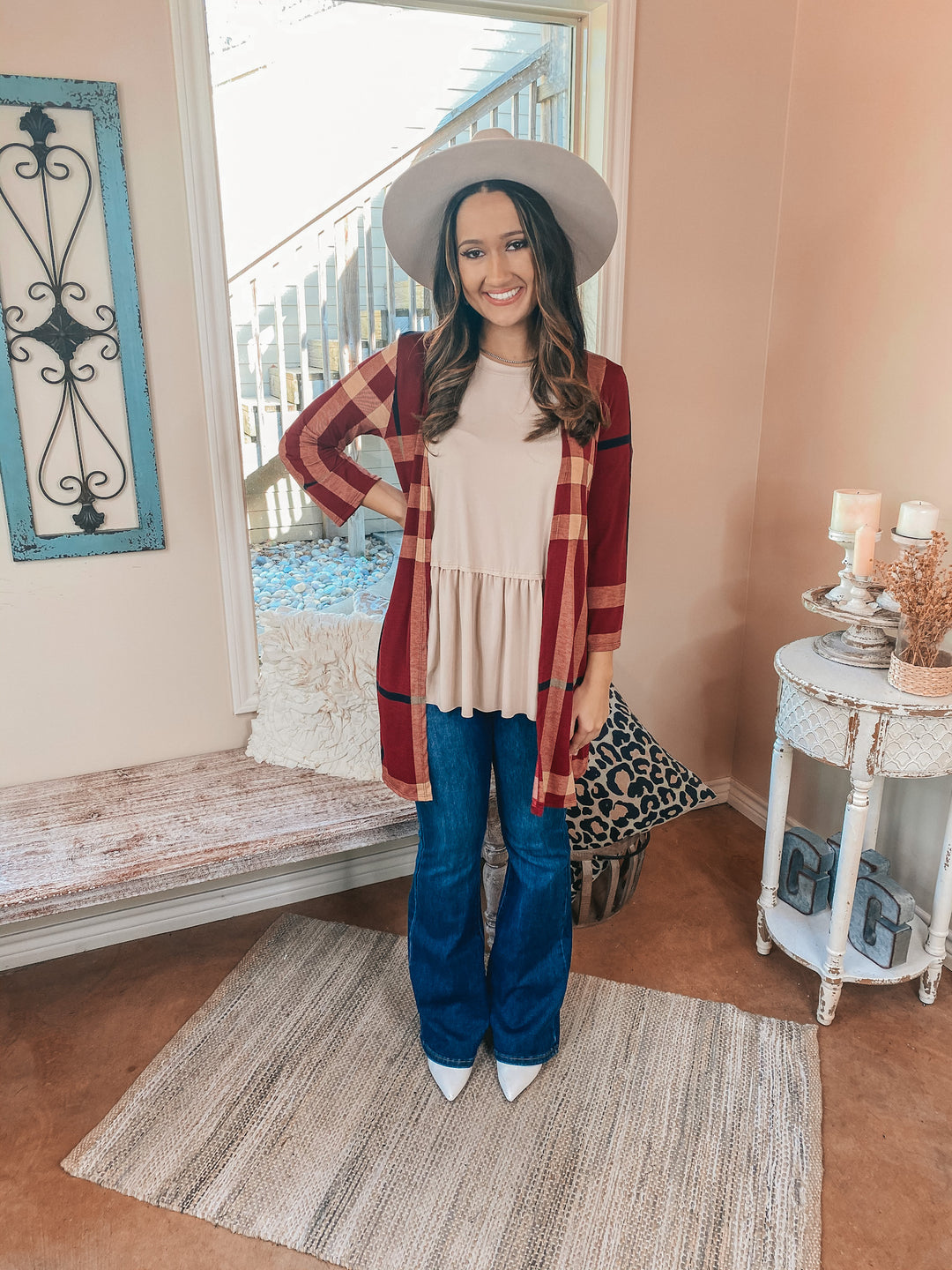 Online Exclusive | All Eyes On You Plaid Cardigan in Maroon - Giddy Up Glamour Boutique