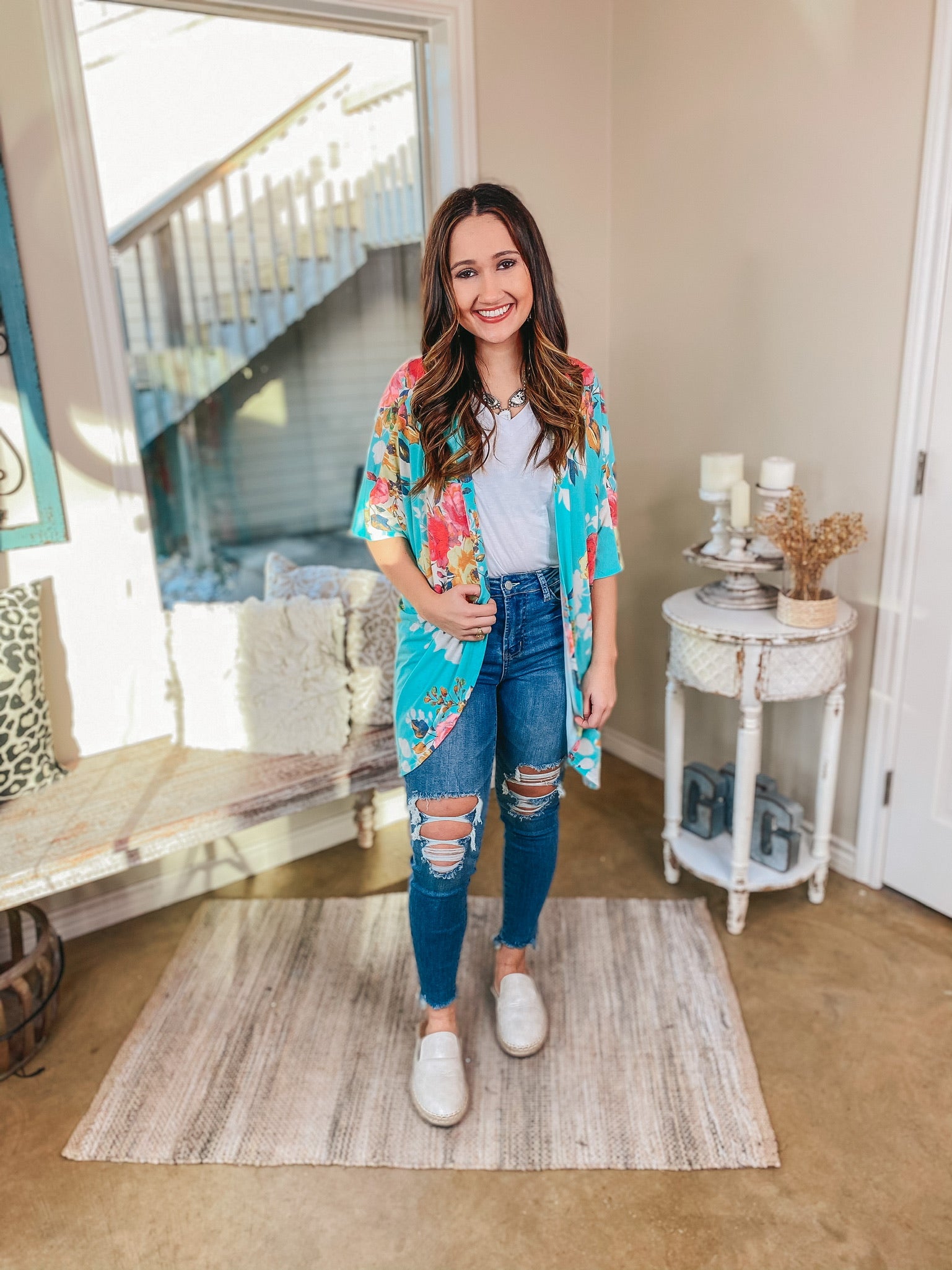 Last Chance Size S, M, & 1XL | Toes in the Sand Floral Print Kimono in Mint - Giddy Up Glamour Boutique