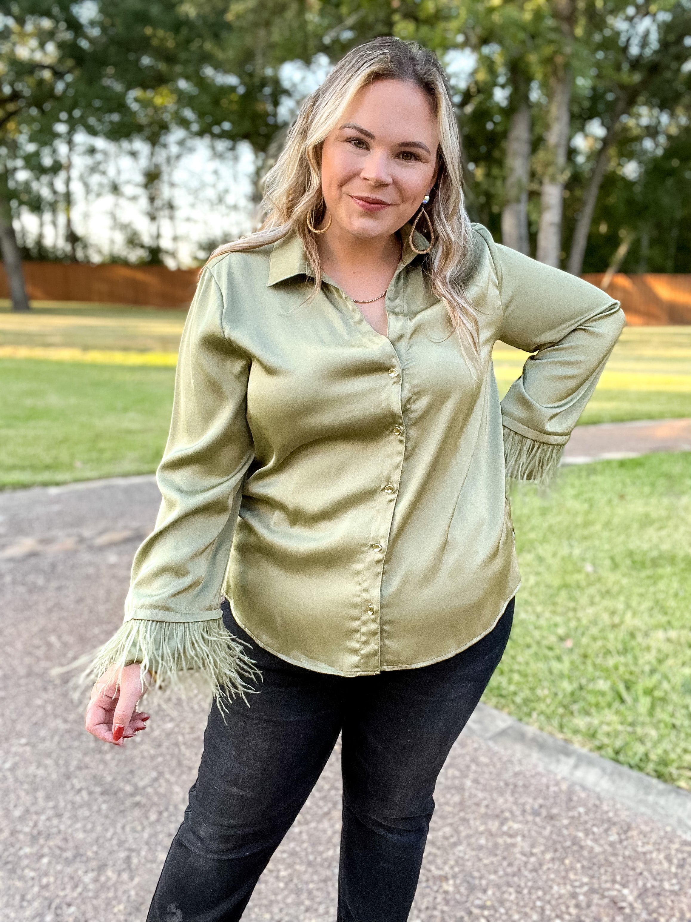 Take a Chance Satin Button Up Top with Feather Trim Long Sleeves in Olive Green - Giddy Up Glamour Boutique