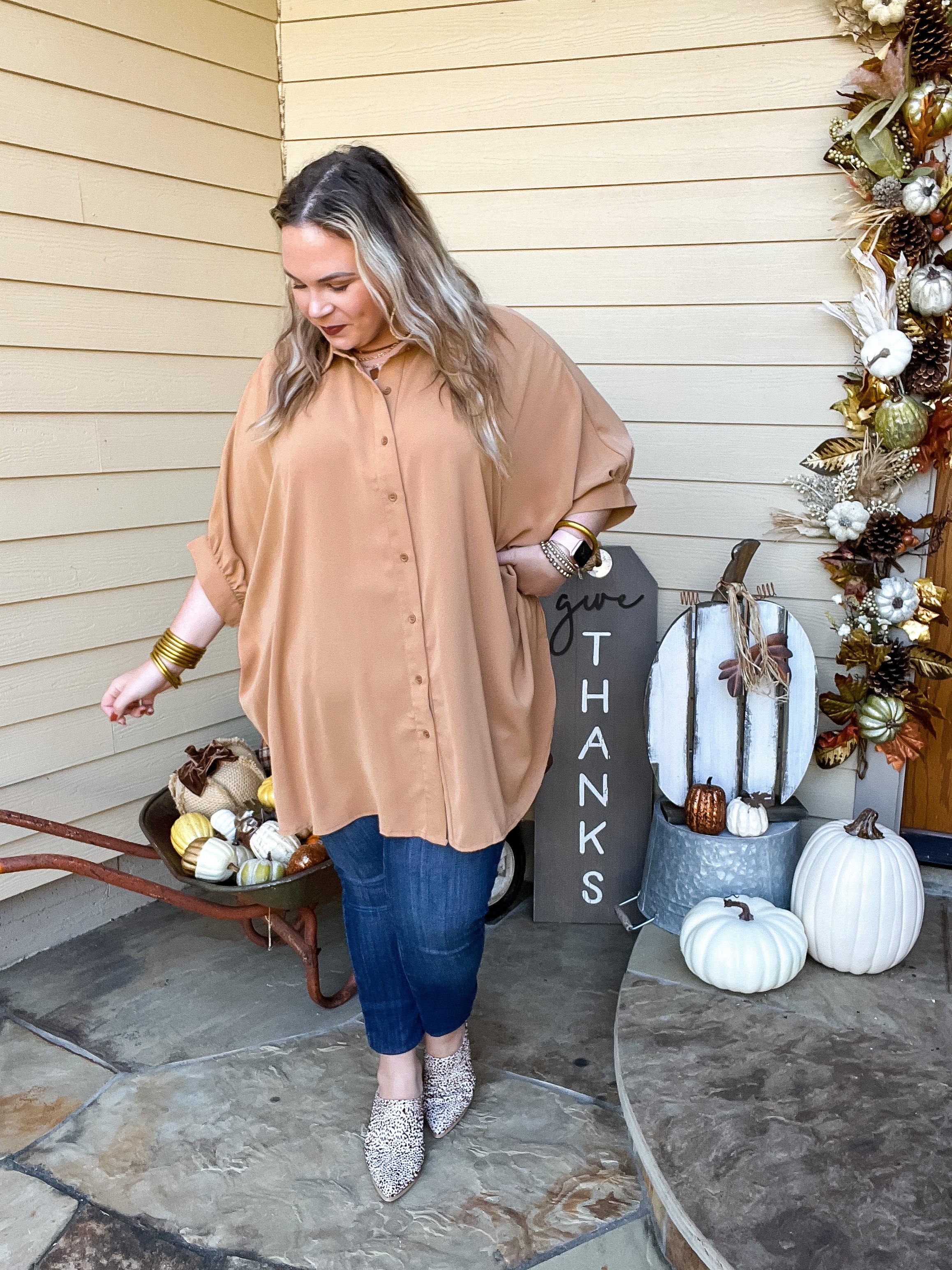 LAST CHANCE SMALL/MEDIUM | City Lifestyle Button Up Half Sleeve Poncho Top in Camel Brown - Giddy Up Glamour Boutique