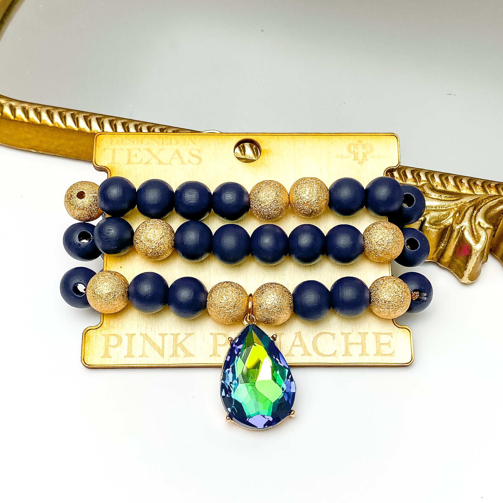 Pink Panache | Navy and Gold Tone Beaded Bracelet Set with Large Black AB Crystal Teardrop