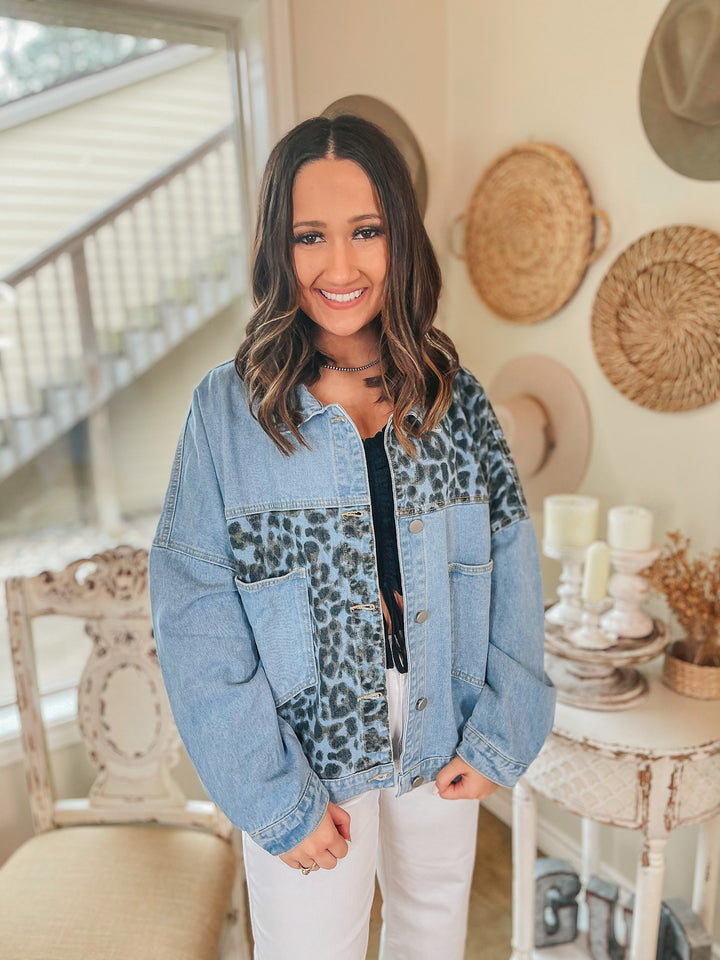 Plus Sizes | Downtown Dallas Large Pocket Leopard Mix Denim Jacket in Light Wash - Giddy Up Glamour Boutique
