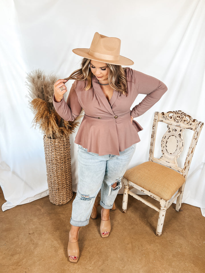 Rumored Romance Double Breasted Peplum Blazer Blouse in Mauve - Giddy Up Glamour Boutique