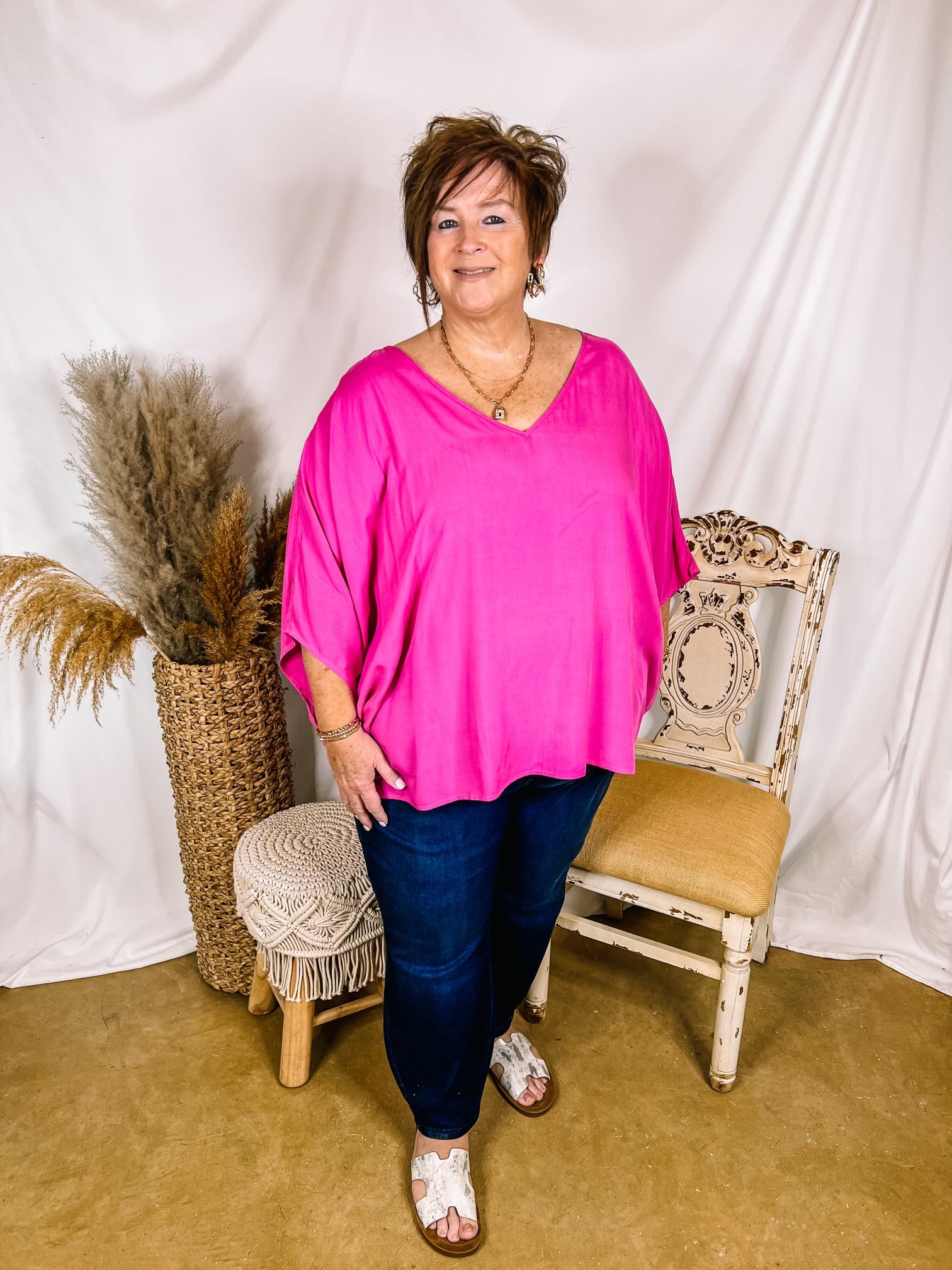 No Rules V Neck Poncho Top in Fuchsia Pink - Giddy Up Glamour Boutique