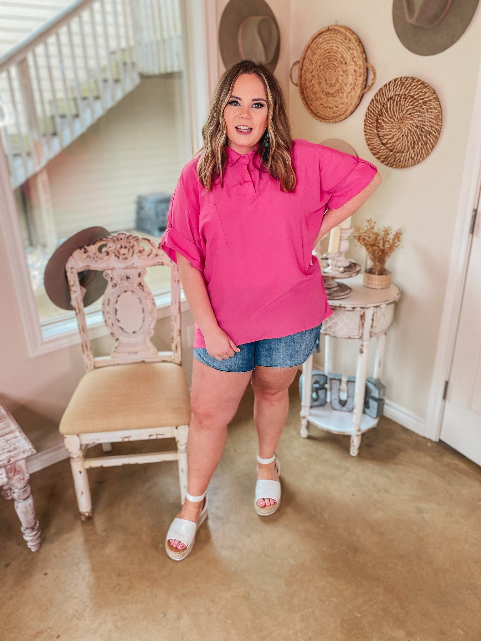 Chic Status Button and Collared Neckline Short Sleeve Top in Fuchsia - Giddy Up Glamour Boutique