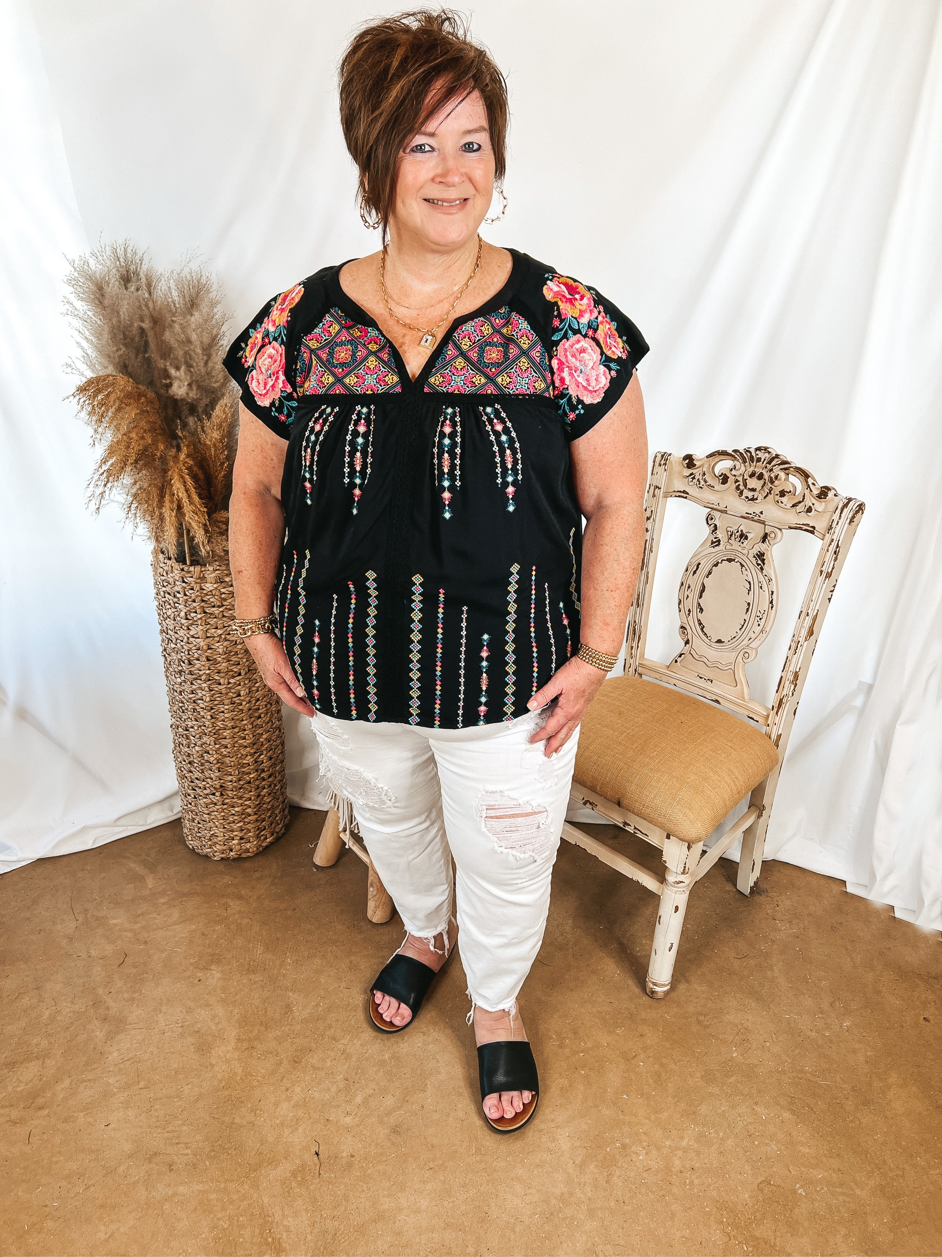 On A Journey Floral Embroidered V Notched Blouse in Black - Giddy Up Glamour Boutique