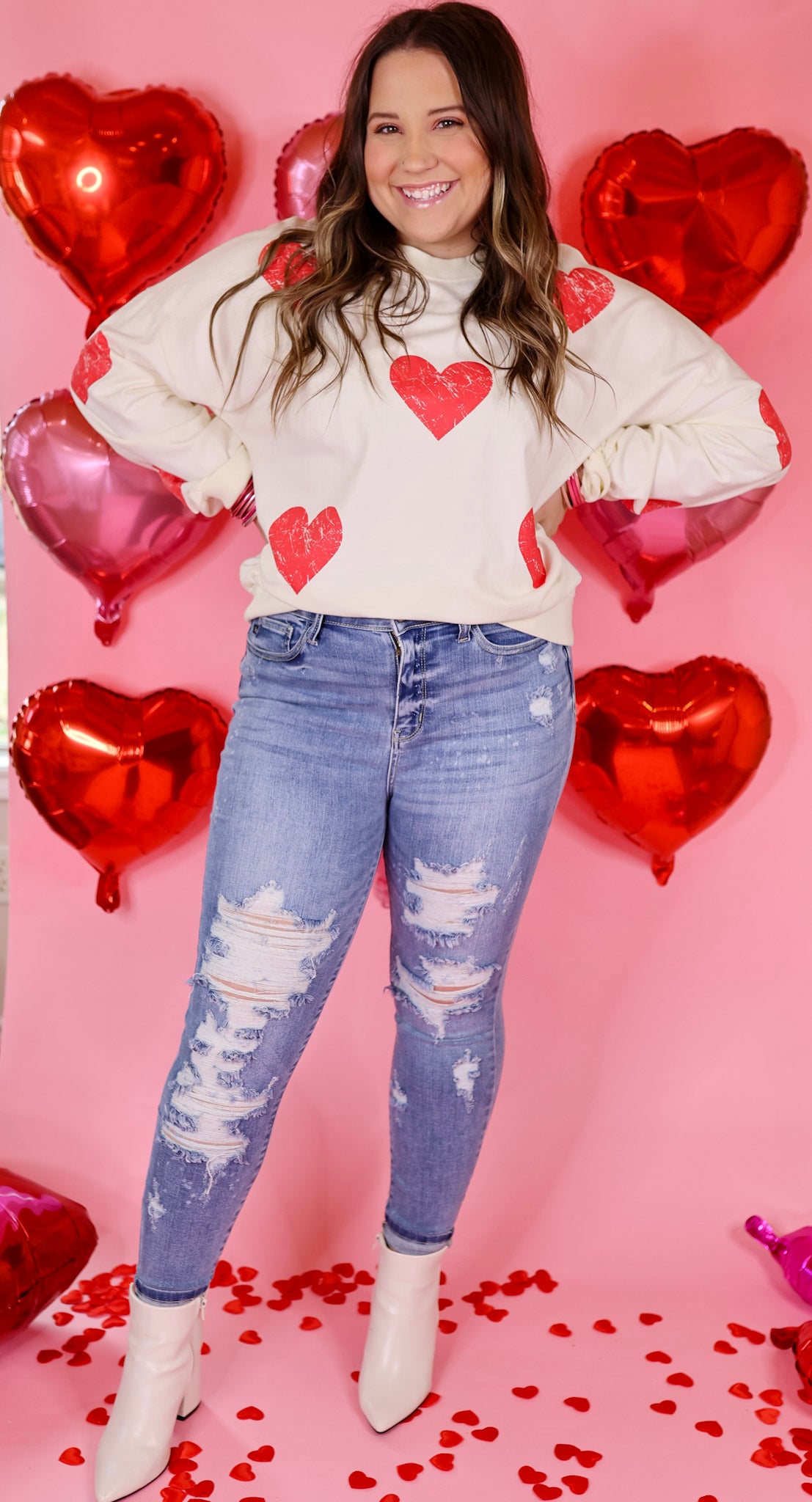 Hearts and Kisses Long Sleeve Pullover Sweatshirt with Distressed Hearts in Ivory - Giddy Up Glamour Boutique