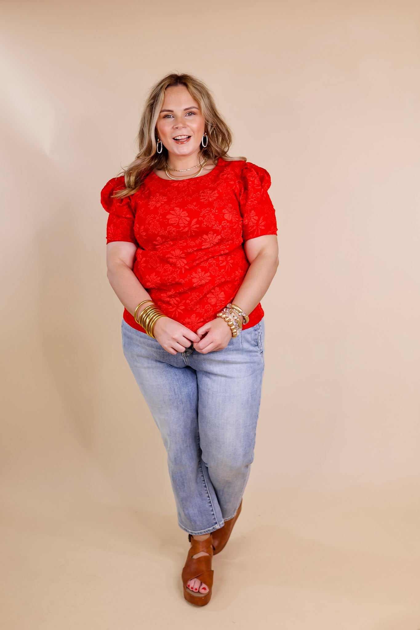 Fab Feeling Puff Shoulder Floral Embossed Top in Red - Giddy Up Glamour Boutique