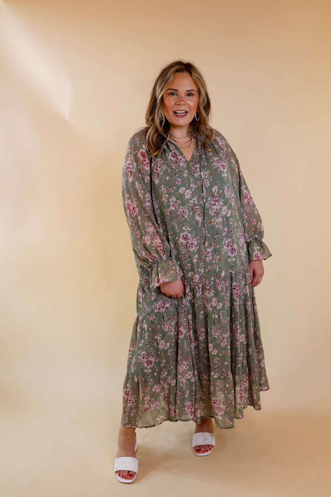Tuscan Nights Long Sleeve High Neck Floral Midi Dress in Sage - Giddy Up Glamour Boutique