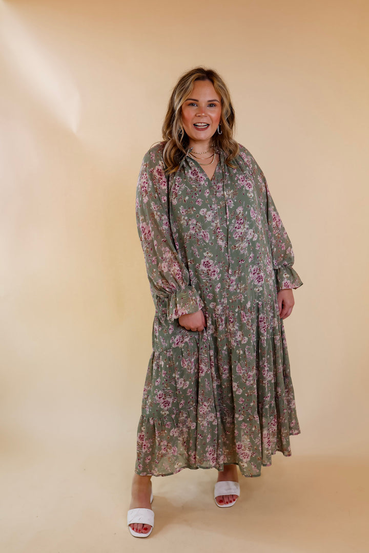 Tuscan Nights Long Sleeve High Neck Floral Midi Dress in Sage - Giddy Up Glamour Boutique