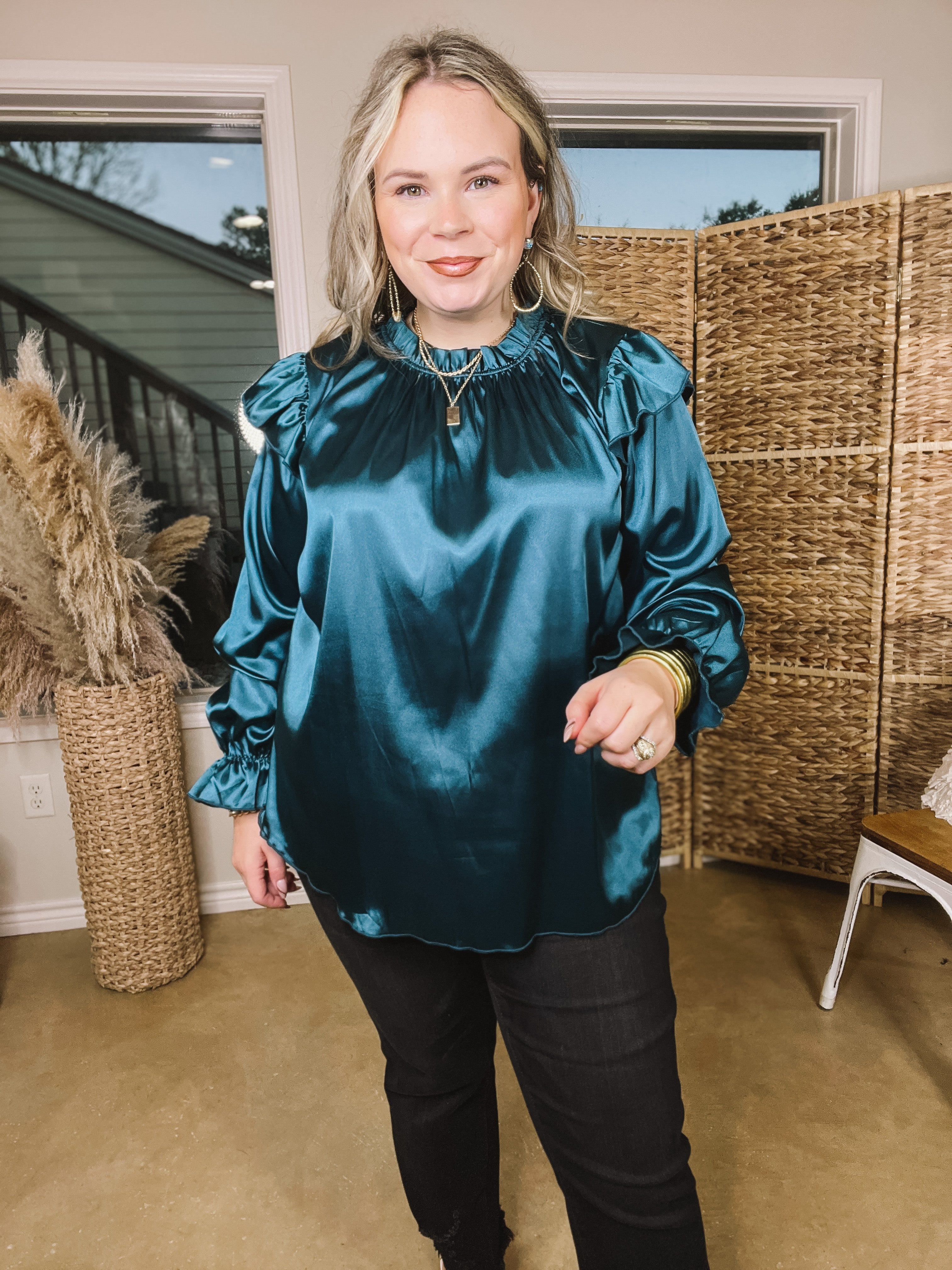 Can't Stop Me Ruffle Mock Neck Long Sleeve Satin Top in Dark Teal - Giddy Up Glamour Boutique