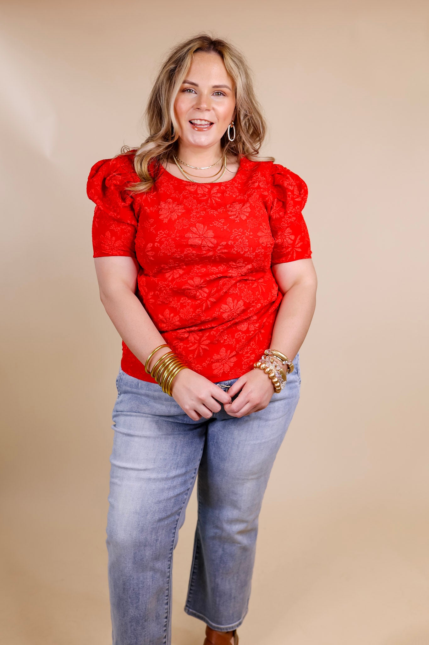 Fab Feeling Puff Shoulder Floral Embossed Top in Red - Giddy Up Glamour Boutique