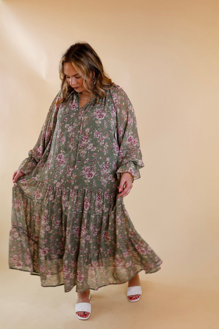 Tuscan Nights Long Sleeve High Neck Floral Midi Dress in Sage - Giddy Up Glamour Boutique