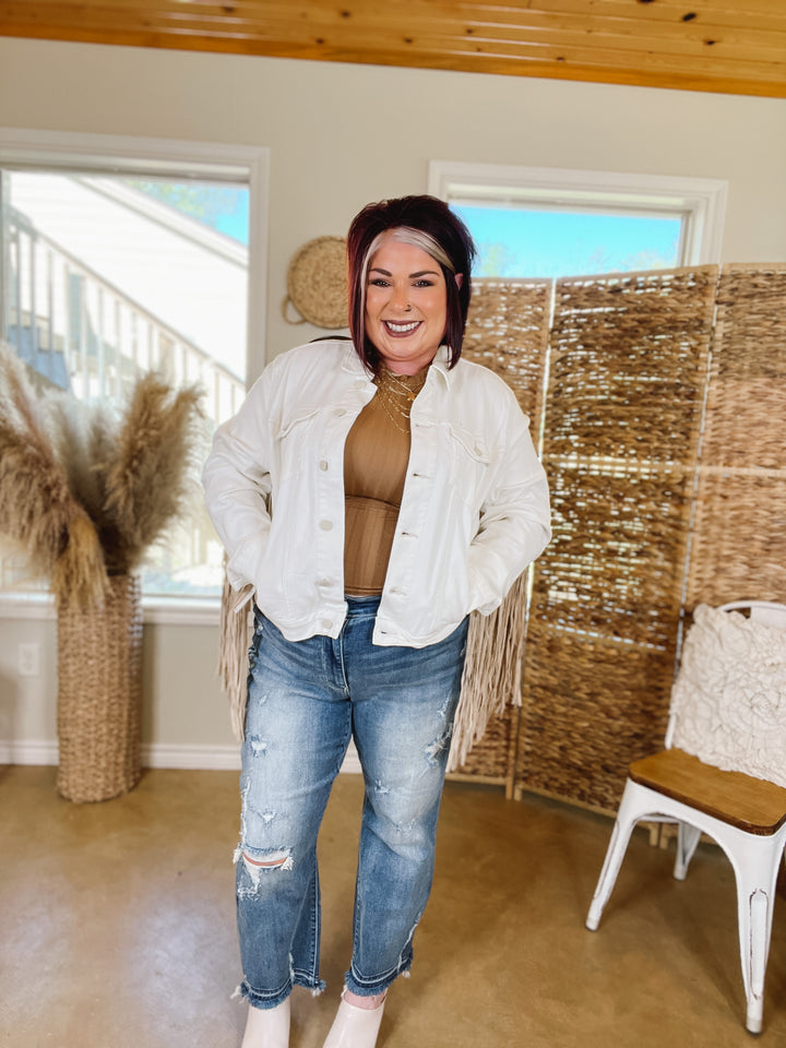 Judy Blue | Living For Love Button Up Denim Jacket with Fringe in White - Giddy Up Glamour Boutique
