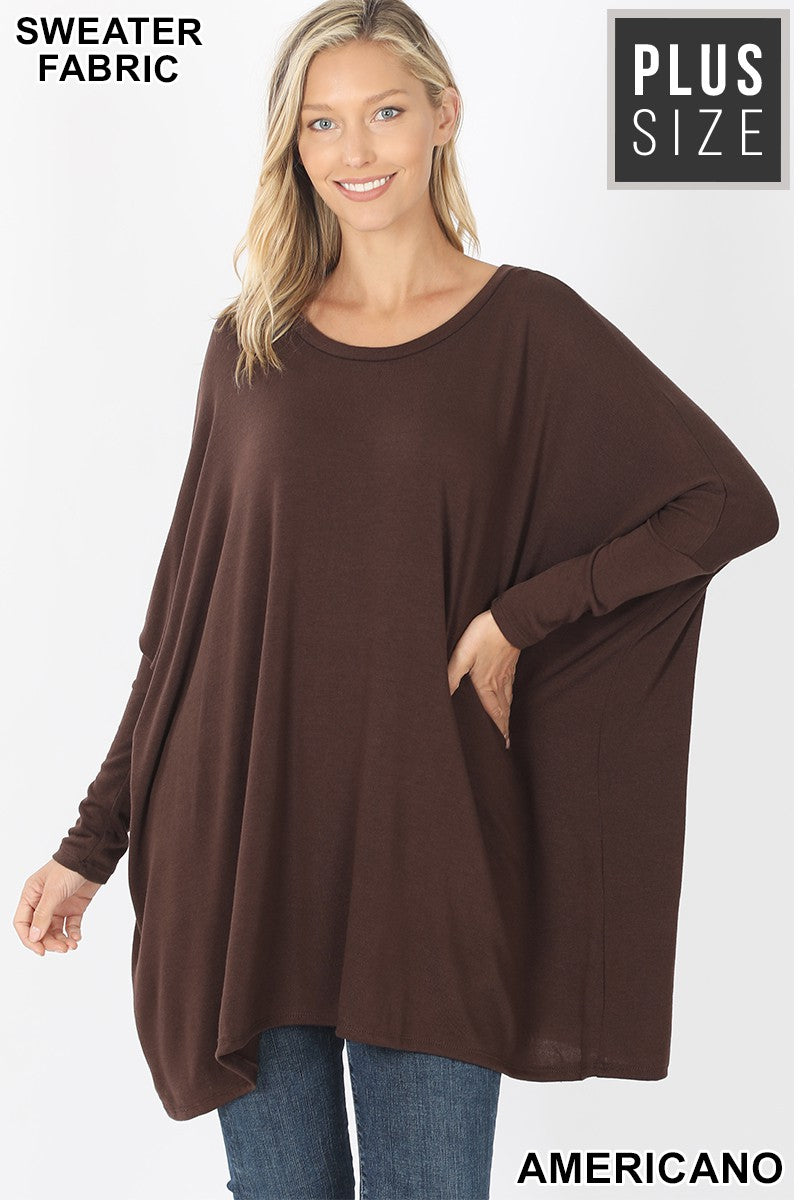 PLUS SWEATER FABRIC OVERSIZE ROUND NECK PONCHO in BROWN - Giddy Up Glamour Boutique