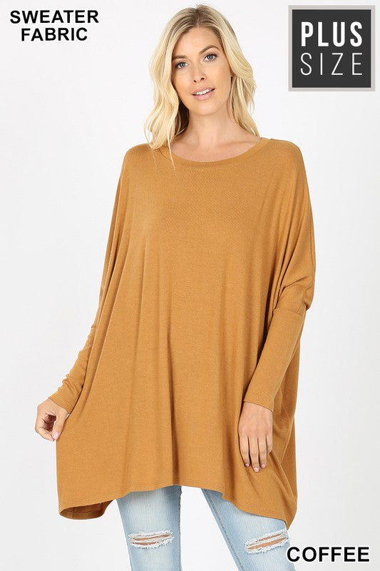 PLUS SWEATER FABRIC OVERSIZE ROUND NECK PONCHO in COFFEE - Giddy Up Glamour Boutique