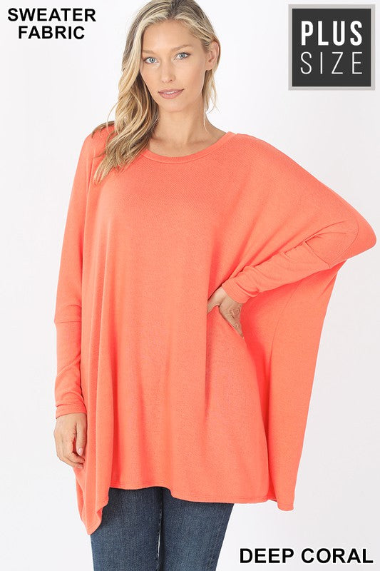PLUS SWEATER FABRIC OVERSIZE ROUND NECK PONCHO in CORAL - Giddy Up Glamour Boutique