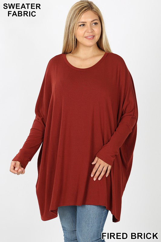 PLUS SWEATER FABRIC OVERSIZE ROUND NECK PONCHO in FIRED BRICK - Giddy Up Glamour Boutique