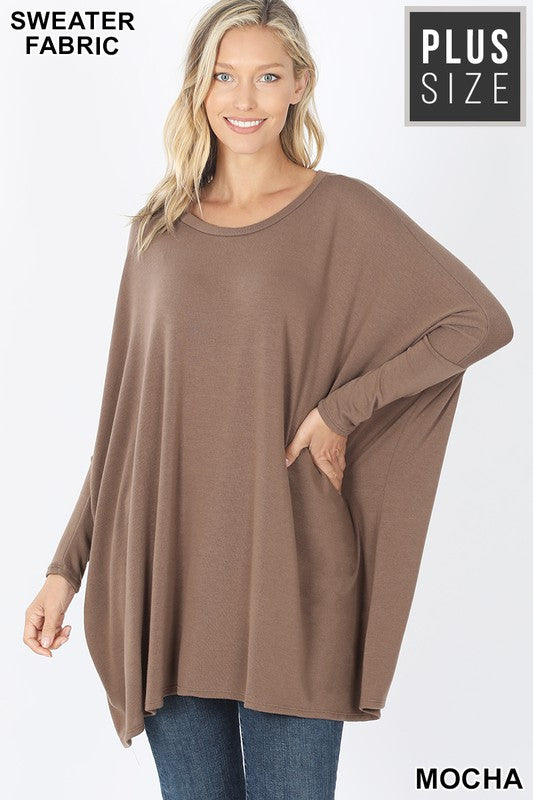 PLUS SWEATER FABRIC OVERSIZE ROUND NECK PONCHO in MOCHA - Giddy Up Glamour Boutique