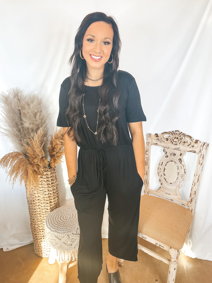 Keep My Love Short Sleeve Jumpsuit Romper with Drawstring Waist in Black - Giddy Up Glamour Boutique