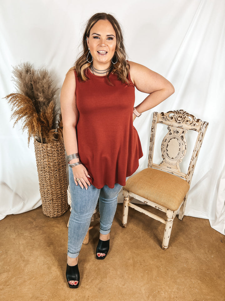 Give Me Joy Solid Knit A-Line Tank Top in Rust Red - Giddy Up Glamour Boutique