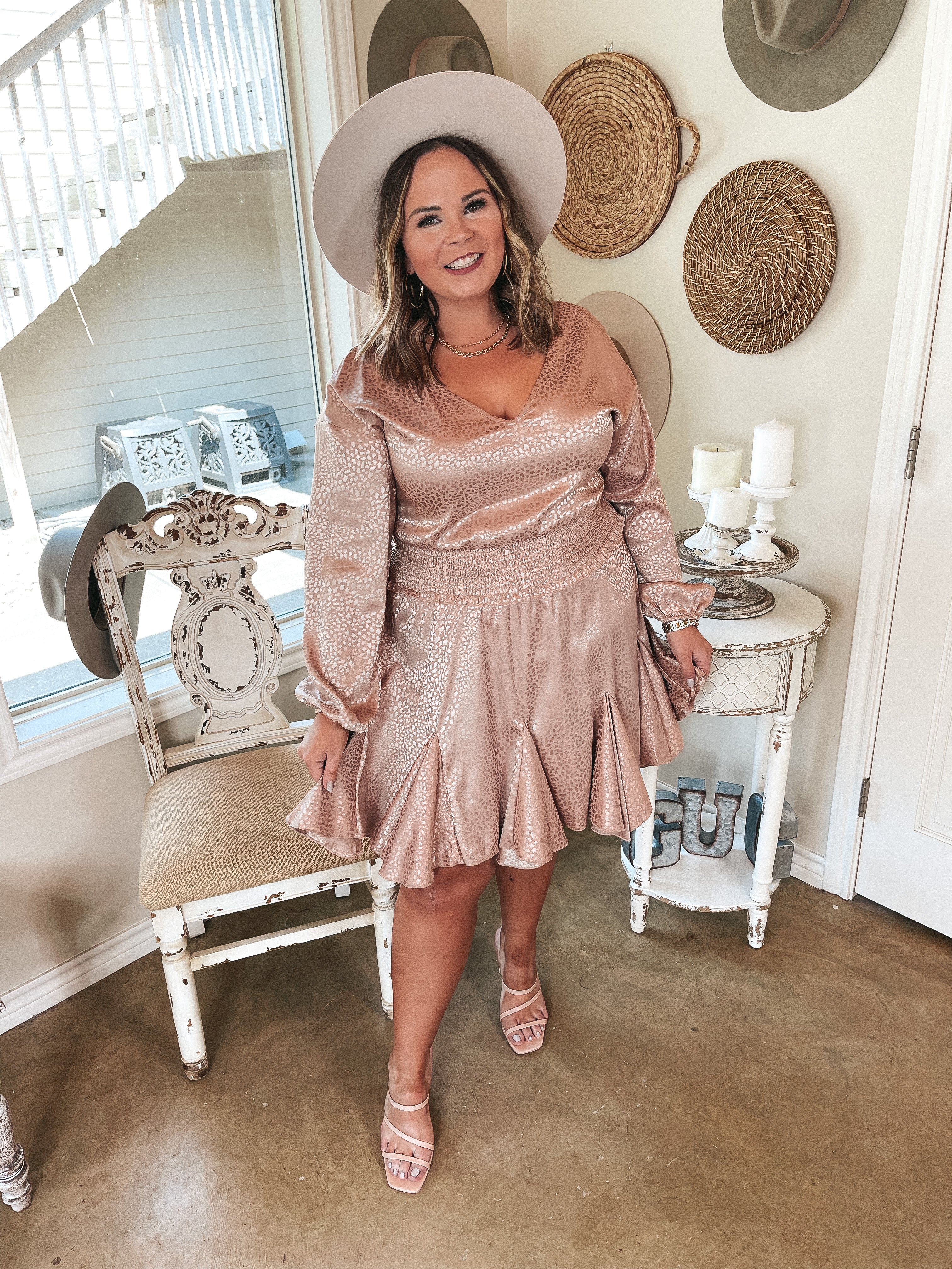 Wine Toast Dotted Smocked Waist V Neck Satin Dress in Blush - Giddy Up Glamour Boutique