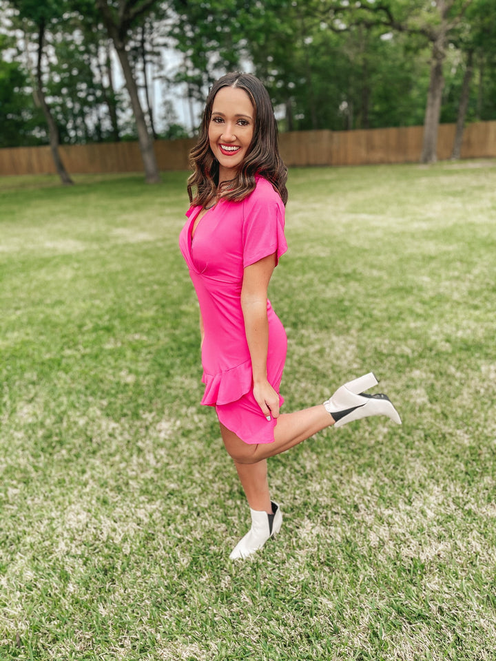 Swept Away Deep V Dress with Ruffle Hem in Fuchsia - Giddy Up Glamour Boutique