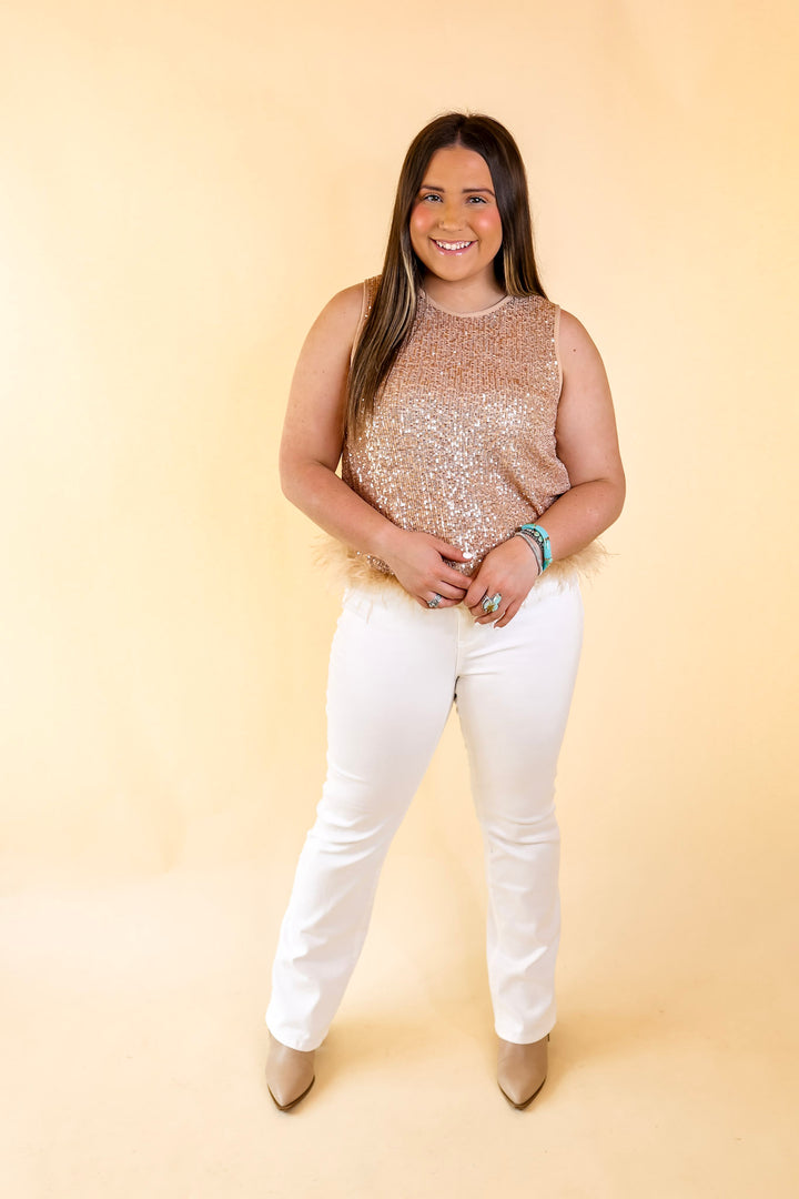 Causing Compliments Sequin Tank Top with Feather Trim in Champagne - Giddy Up Glamour Boutique