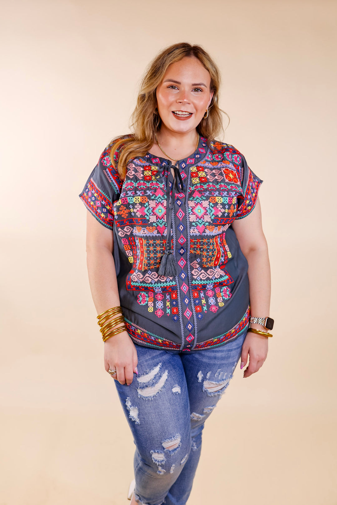 Thrill Me Colorful Embroidered Front Keyhole Top in Grey - Giddy Up Glamour Boutique