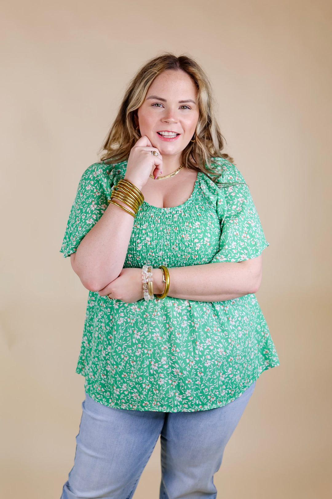 Little Coastal Town Floral Short Sleeve Top with Smocked Bodice in Green - Giddy Up Glamour Boutique