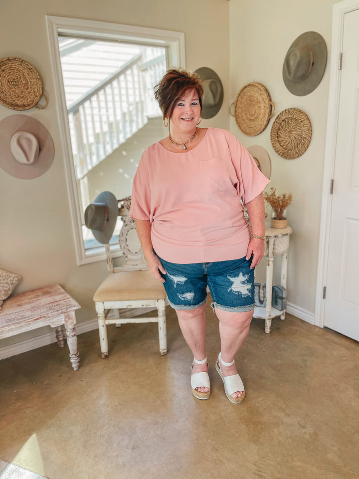 On Record V Neck Short Sleeve Shift Top with Front Pocket in Baby Pink - Giddy Up Glamour Boutique