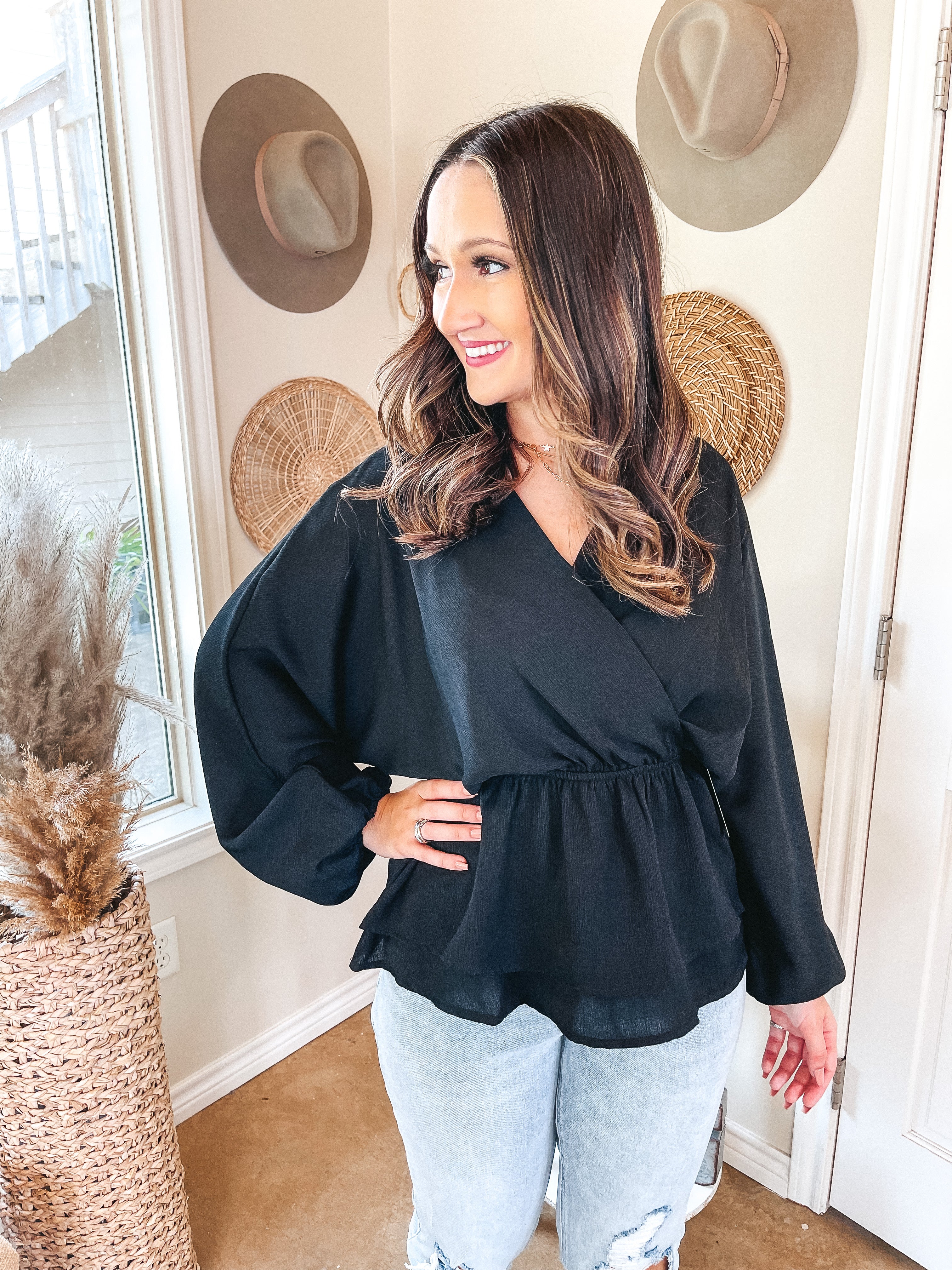 Move to the Music Long Sleeve Deep V Peplum Top in Black - Giddy Up Glamour Boutique