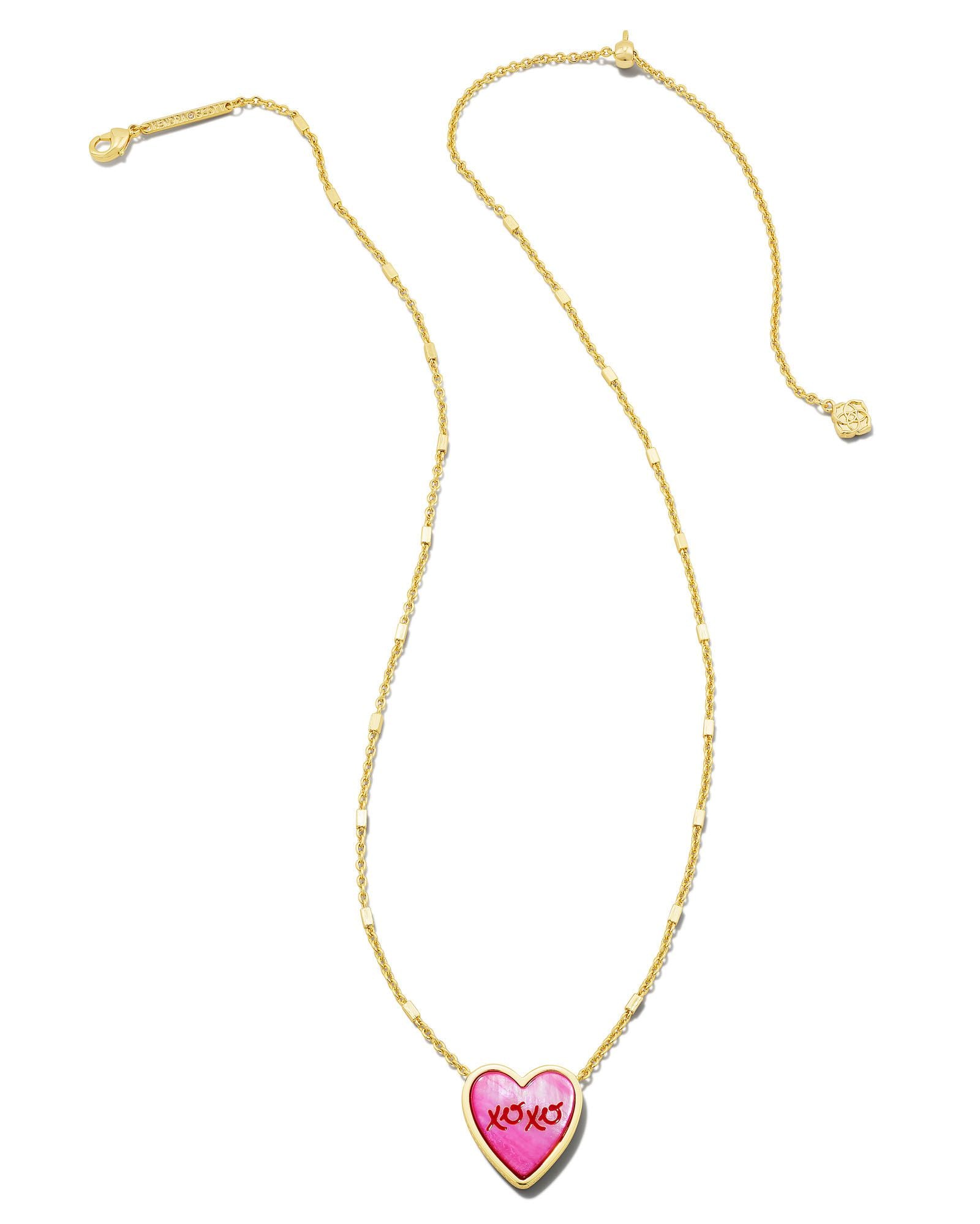 Kendra Scott | XOXO Heart Gold Pendant Necklace in Hot Pink Mother-of-Pearl - Giddy Up Glamour Boutique