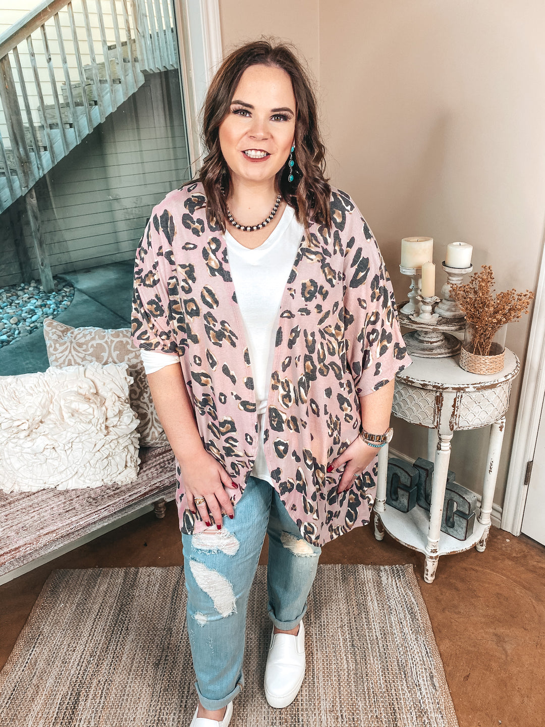 Ahead Of The Trend Leopard Short Drop Sleeve Cardigan in Blush Pink - Giddy Up Glamour Boutique